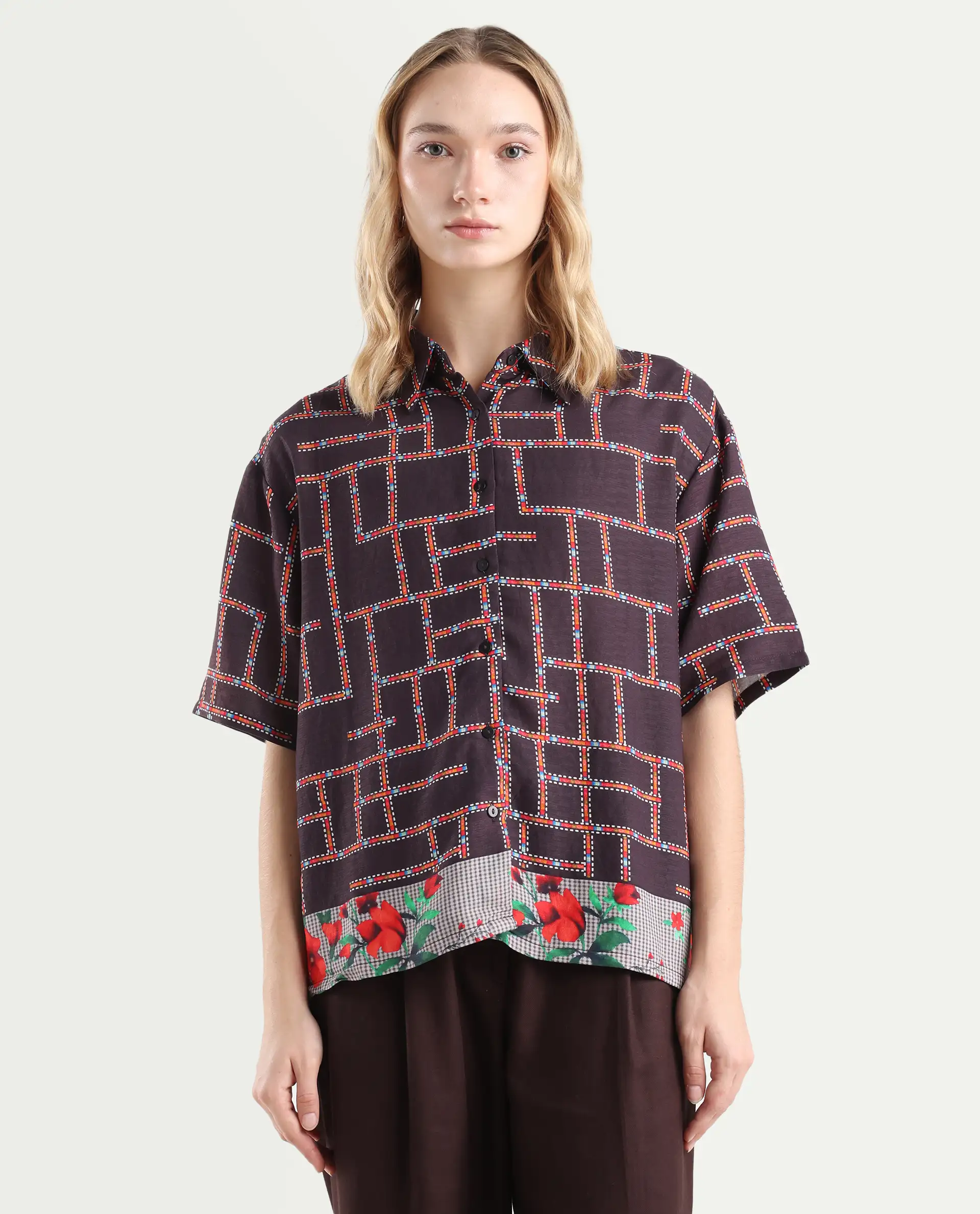 Rareism Women's Lombard Brown Viscose Blend Spread Collar Geometric Print Boxy Fit Shirt - Image 3