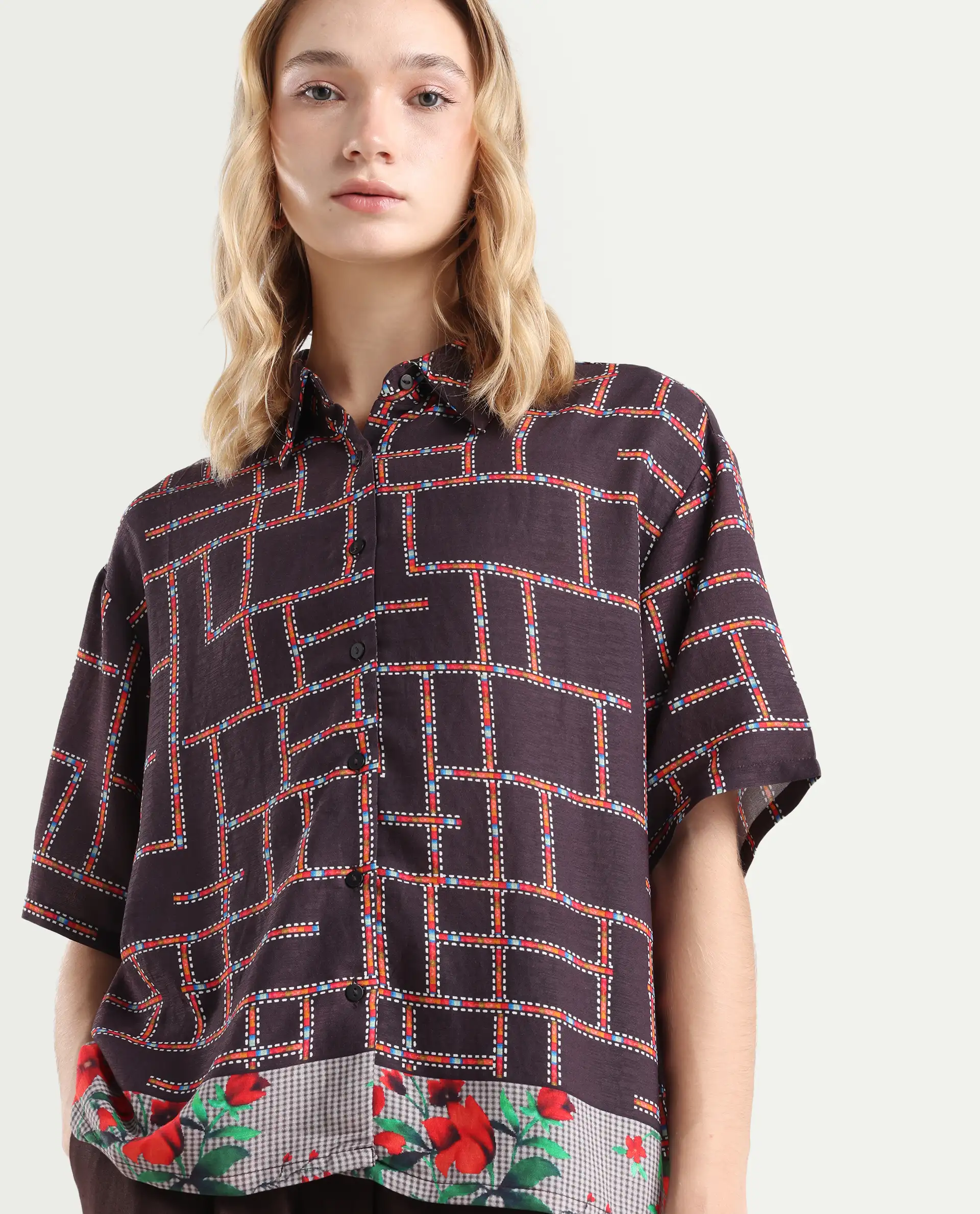 Rareism Women's Lombard Brown Viscose Blend Spread Collar Geometric Print Boxy Fit Shirt - Image 4