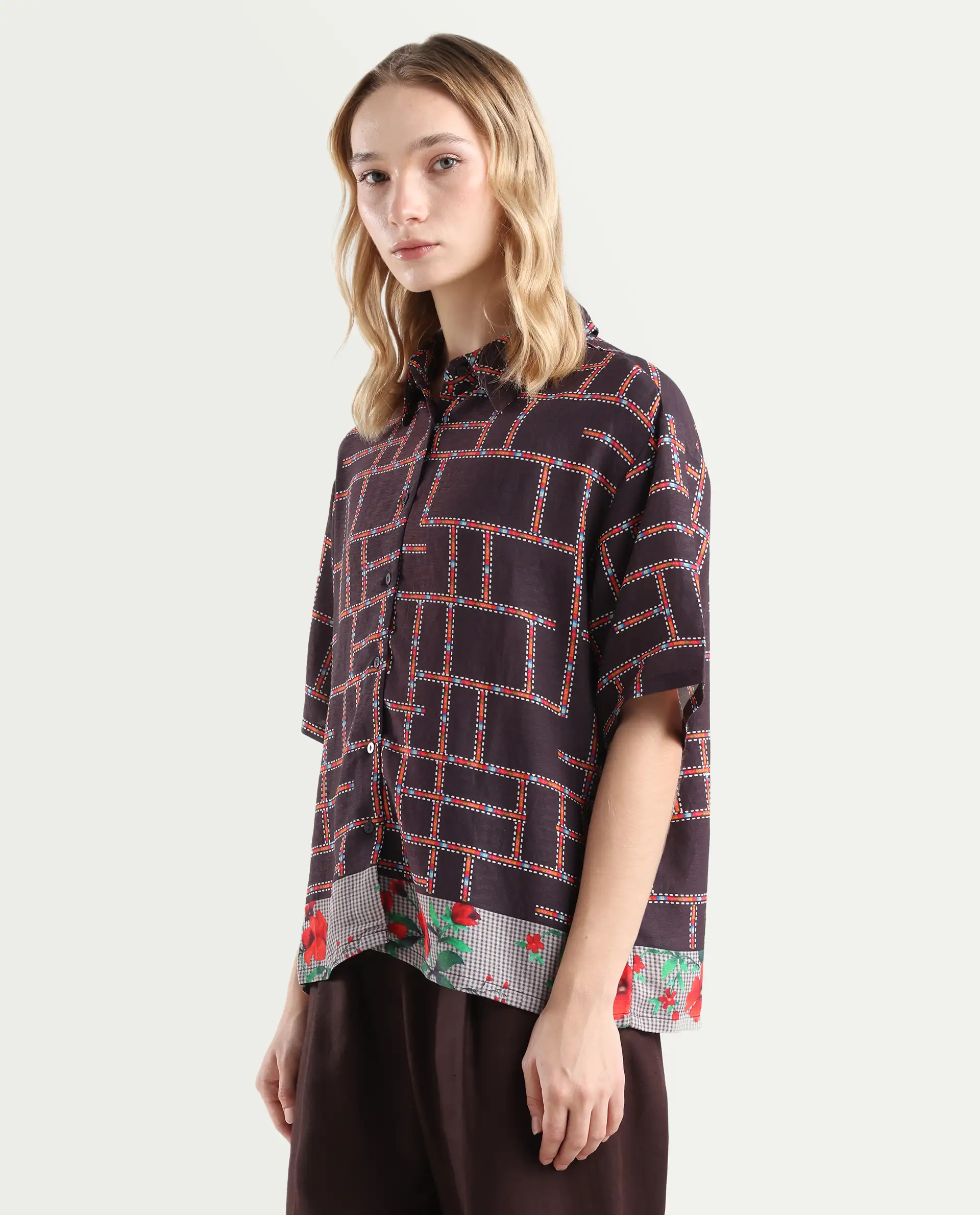 Rareism Women's Lombard Brown Viscose Blend Spread Collar Geometric Print Boxy Fit Shirt - Image 5