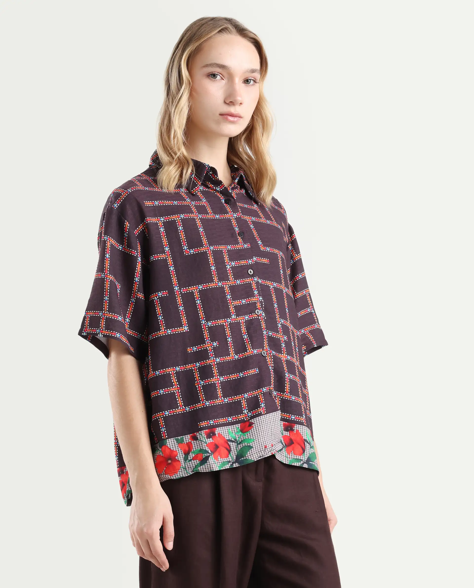 Rareism Women's Lombard Brown Viscose Blend Spread Collar Geometric Print Boxy Fit Shirt - Image 6