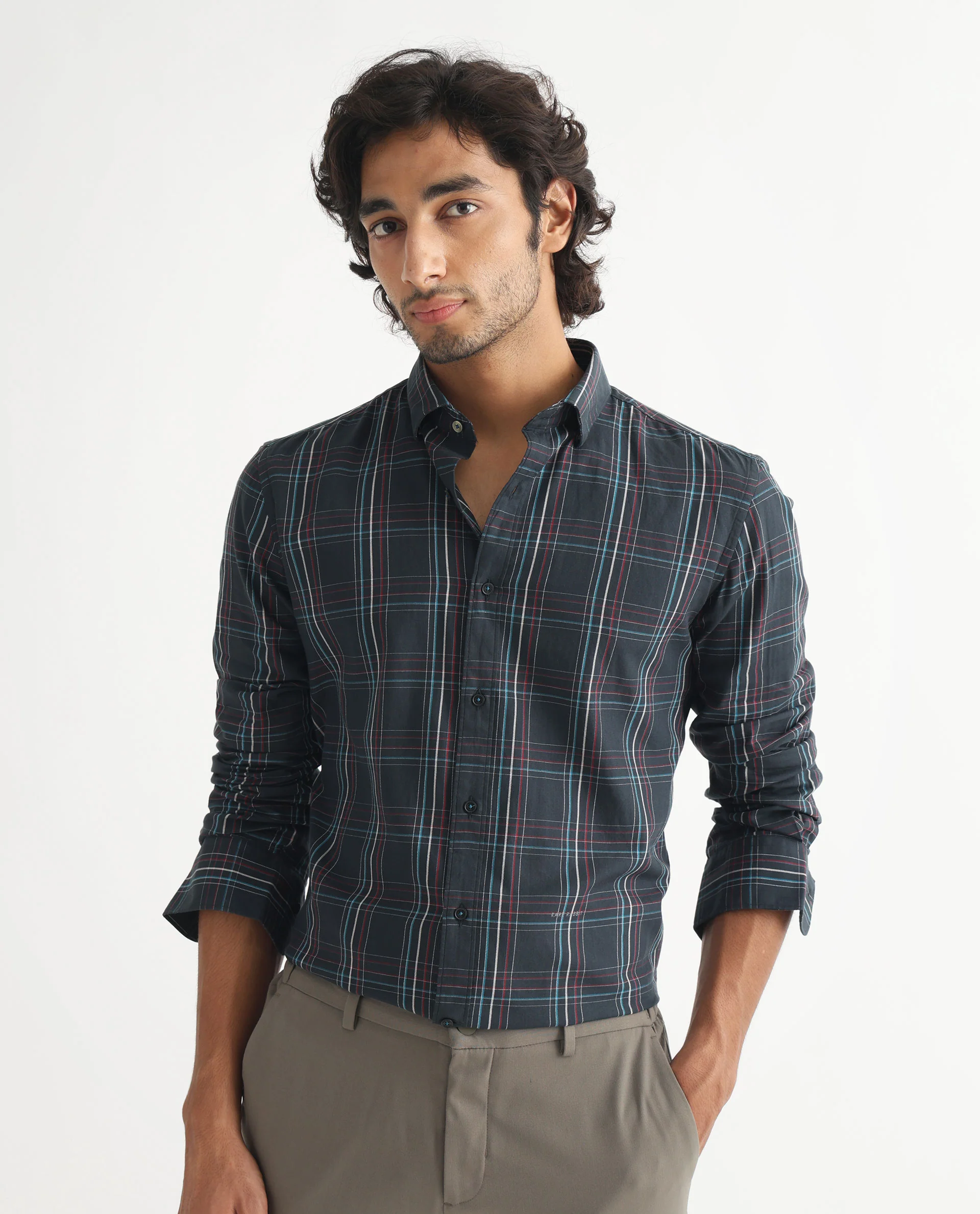 Rare Rabbit Men's Lome Navy Cotton Checked Print Regular Fit Full Sleeve Collared Shirt - Image 3