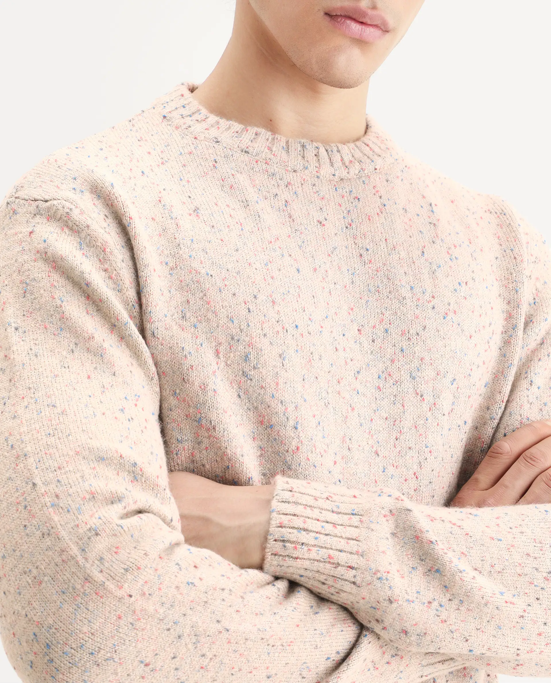 Rare Rabbit Men's Lomo Beige Acrylic Printed Regular Fit Full Sleeve Crew Neck Sweater