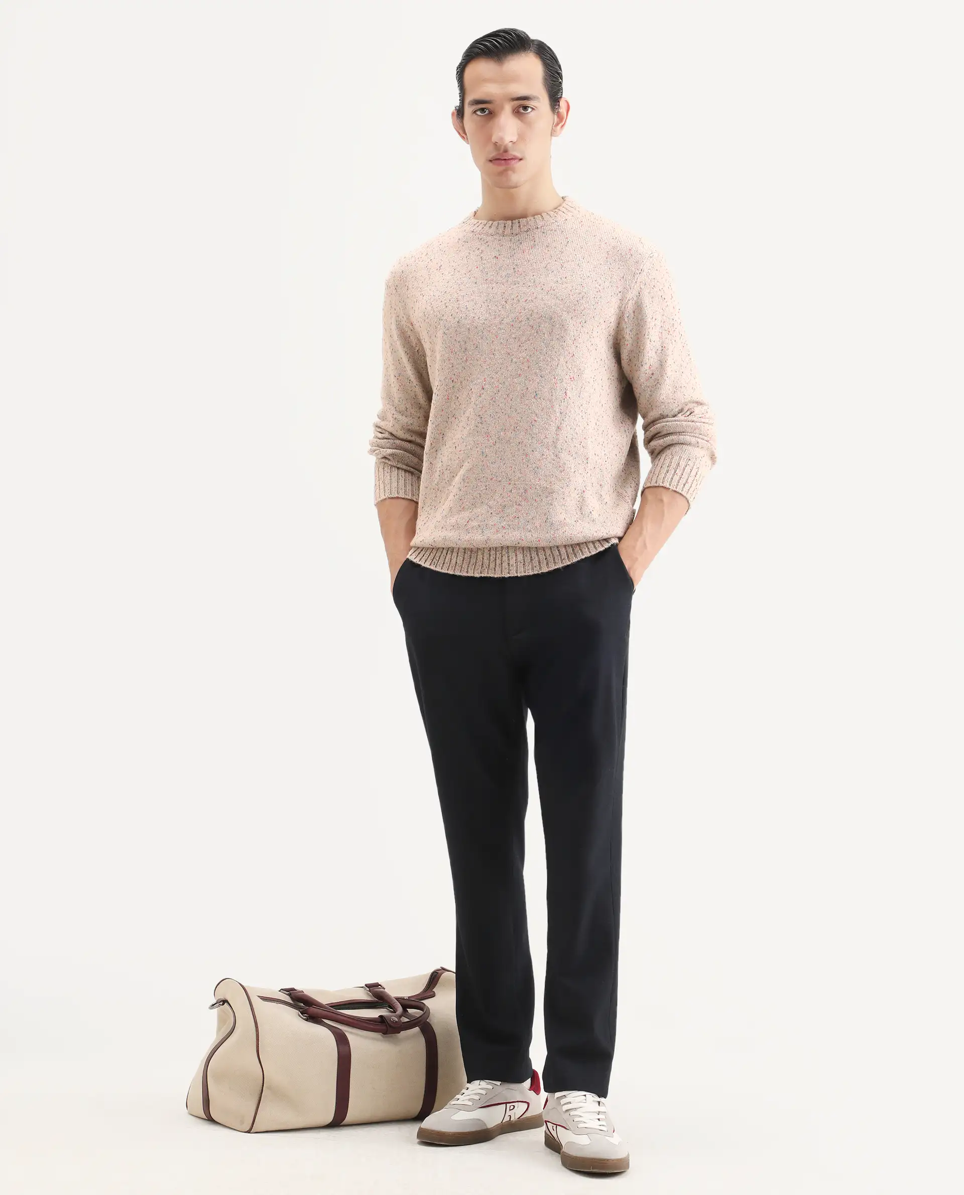Rare Rabbit Men's Lomo Beige Acrylic Printed Regular Fit Full Sleeve Crew Neck Sweater - Image 2