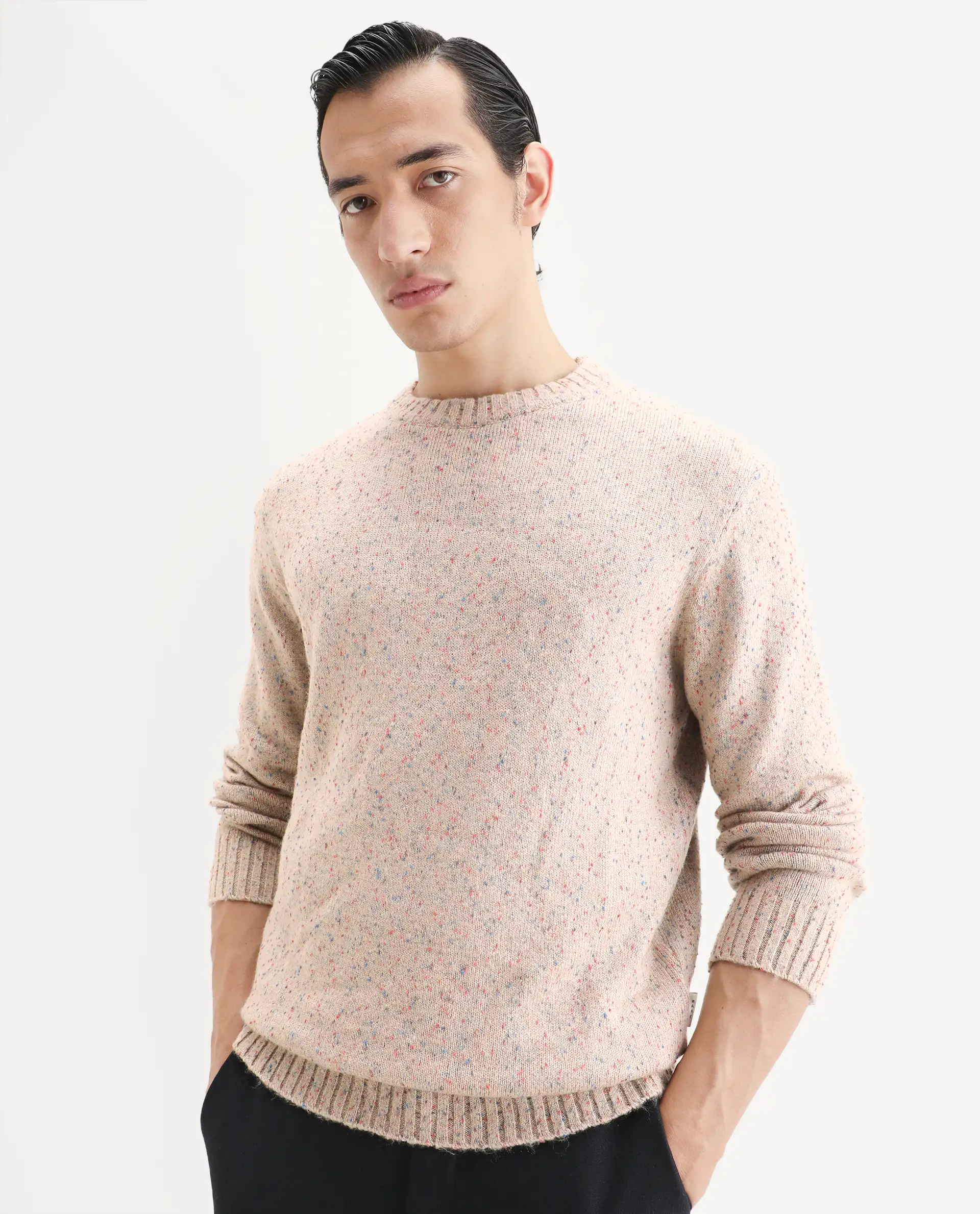 Rare Rabbit Men's Lomo Beige Acrylic Printed Regular Fit Full Sleeve Crew Neck Sweater - Image 3