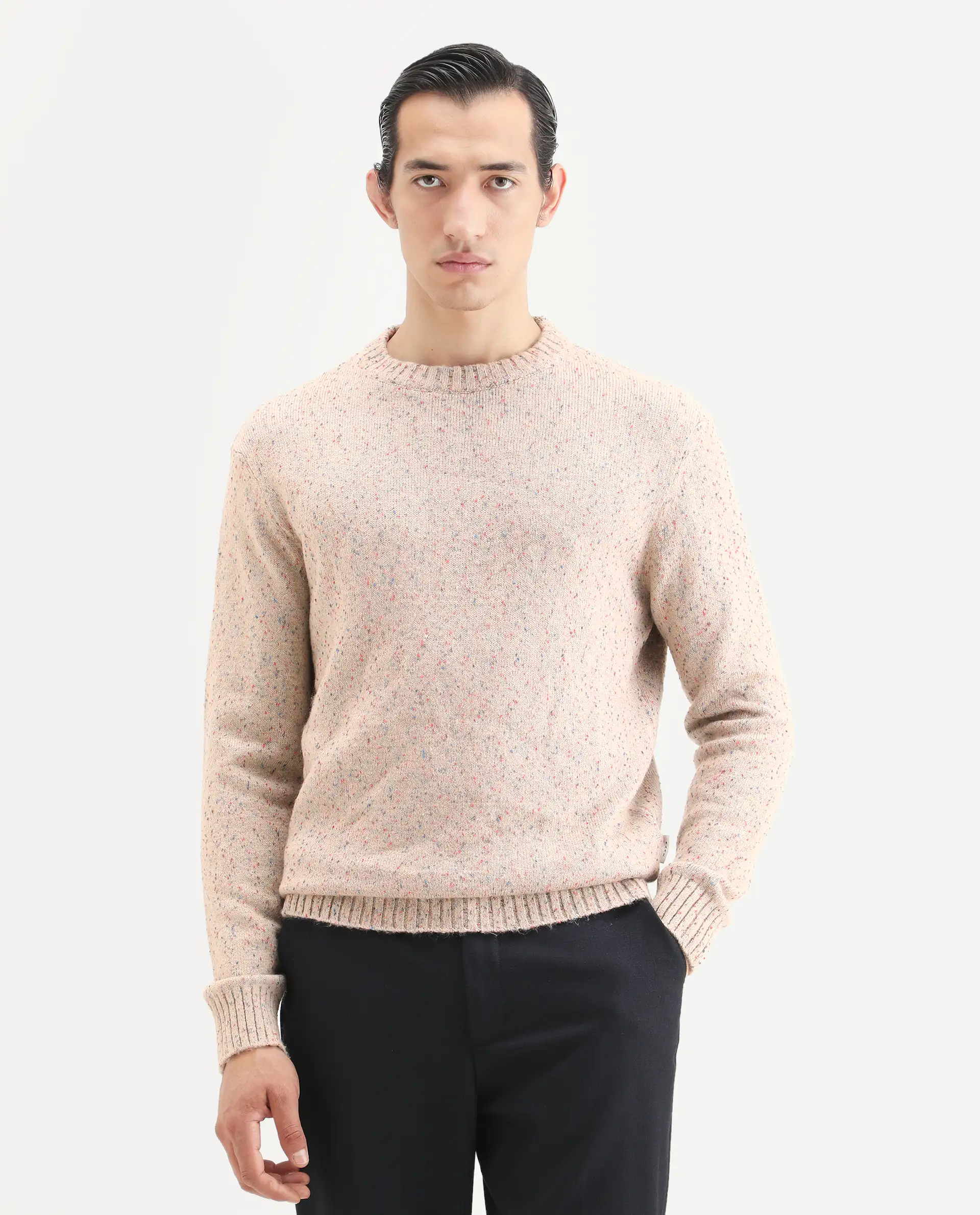 Rare Rabbit Men's Lomo Beige Acrylic Printed Regular Fit Full Sleeve Crew Neck Sweater - Image 4