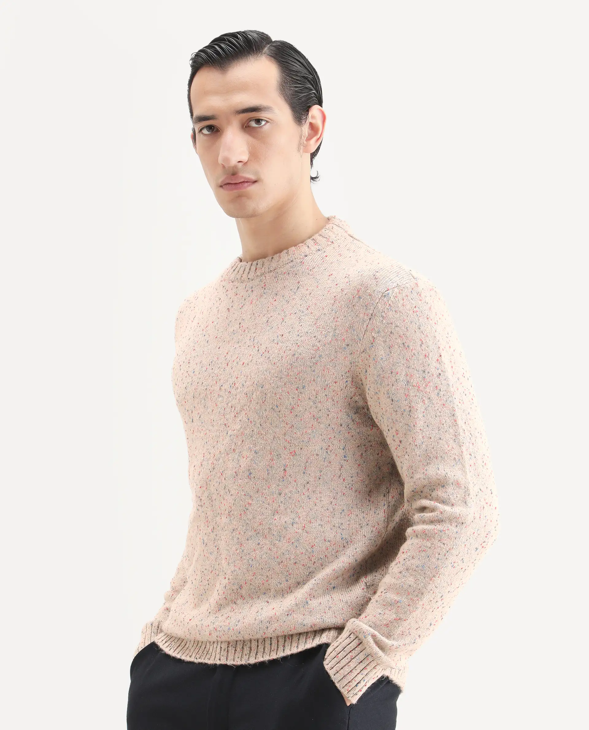 Rare Rabbit Men's Lomo Beige Acrylic Printed Regular Fit Full Sleeve Crew Neck Sweater - Image 5