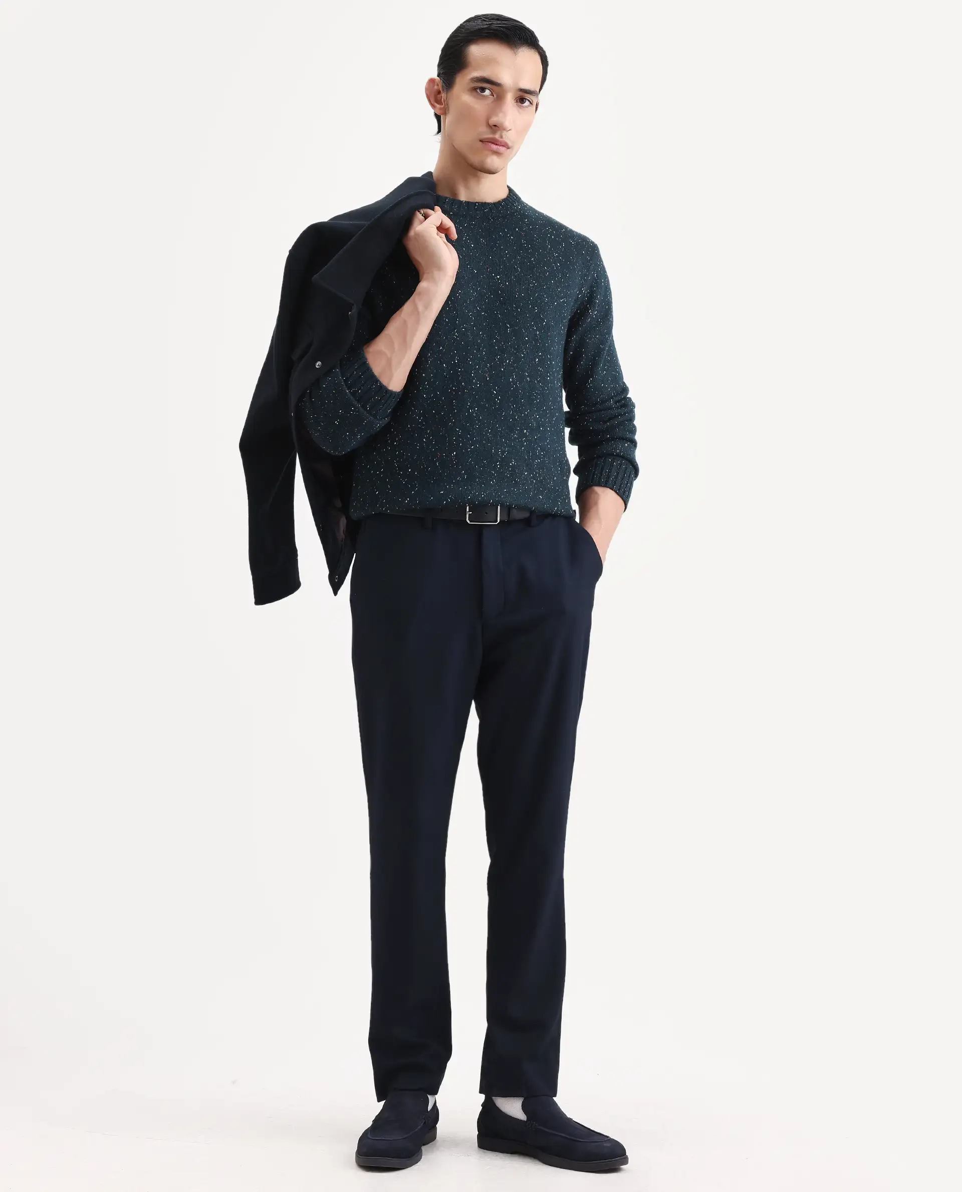 Rare Rabbit Men's Lomo Dark Navy Acrylic Printed Regular Fit Full Sleeve Crew Neck Sweater - Image 2