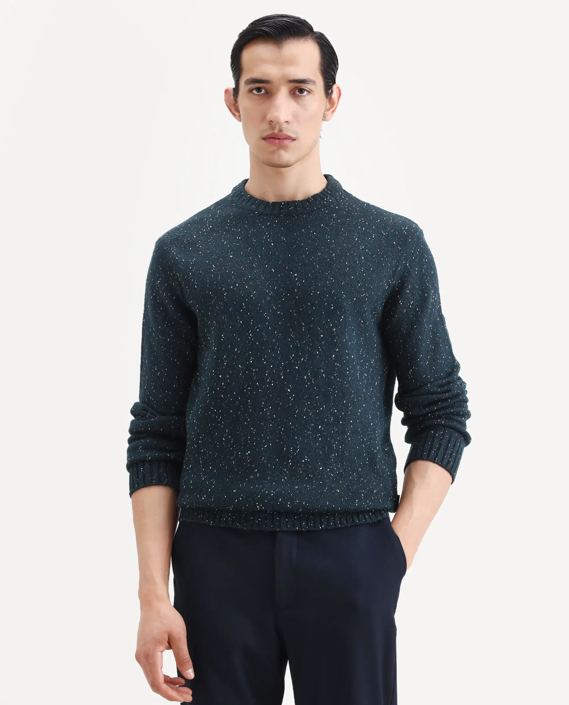 Rare Rabbit Men's Lomo Dark Navy Acrylic Printed Regular Fit Full Sleeve Crew Neck Sweater - Image 3