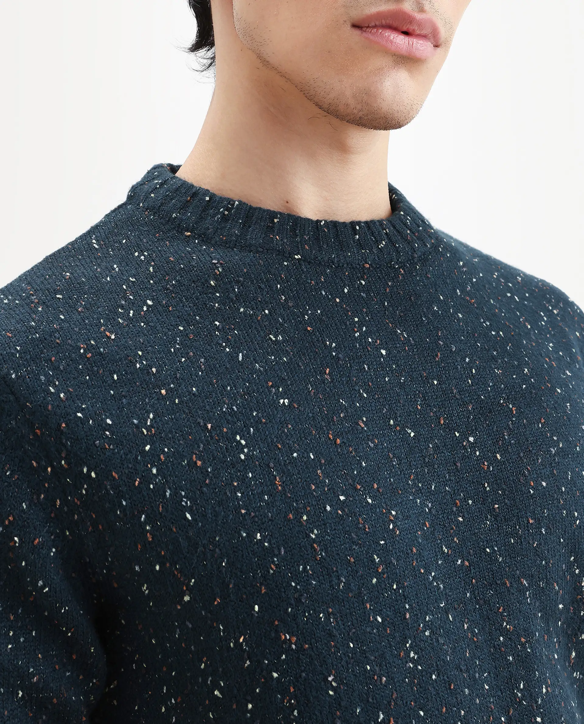 Rare Rabbit Men's Lomo Dark Navy Acrylic Printed Regular Fit Full Sleeve Crew Neck Sweater - Image 4