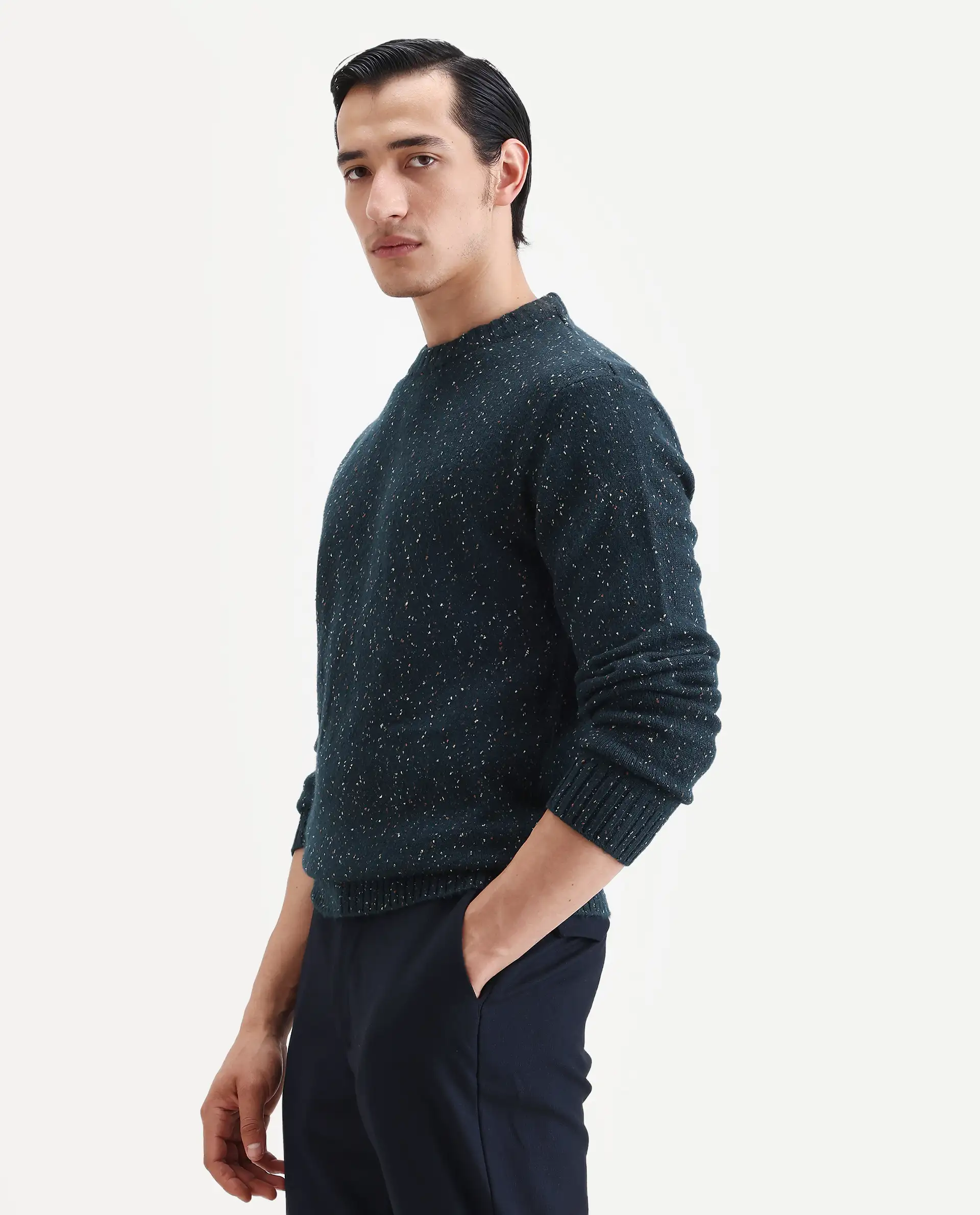 Rare Rabbit Men's Lomo Dark Navy Acrylic Printed Regular Fit Full Sleeve Crew Neck Sweater - Image 5
