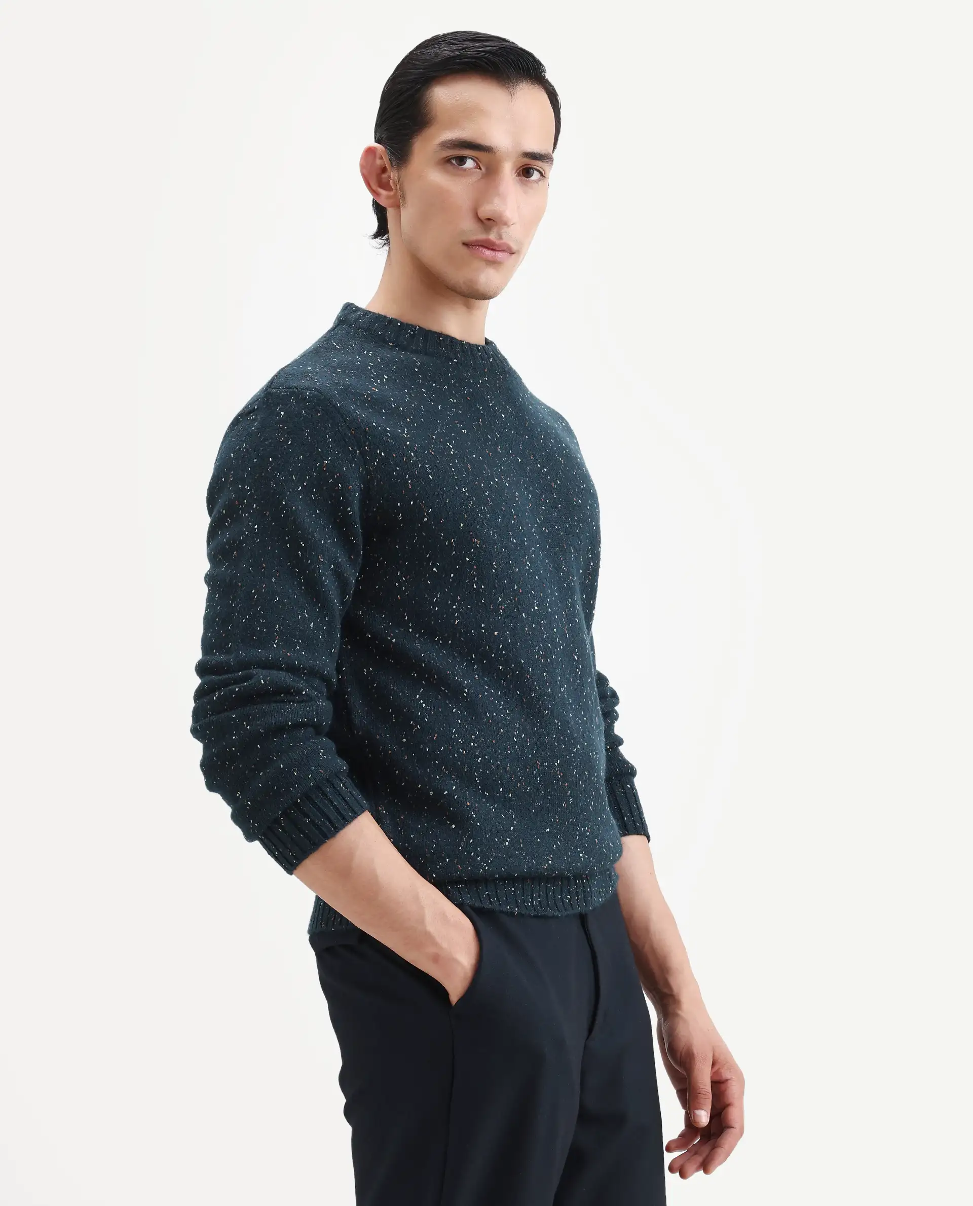 Rare Rabbit Men's Lomo Dark Navy Acrylic Printed Regular Fit Full Sleeve Crew Neck Sweater - Image 6