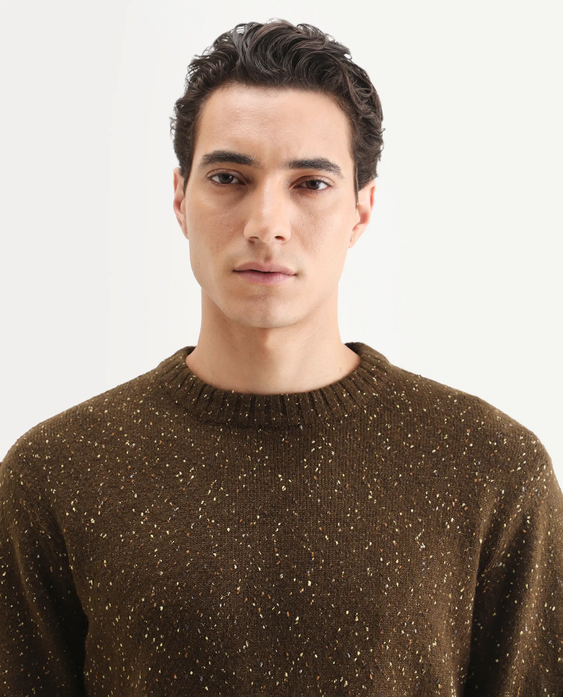 Rare Rabbit Men's Lomot Brown Cotton Fabric Crew Neck Regular Fit Speckled Print Sweater - Image 3