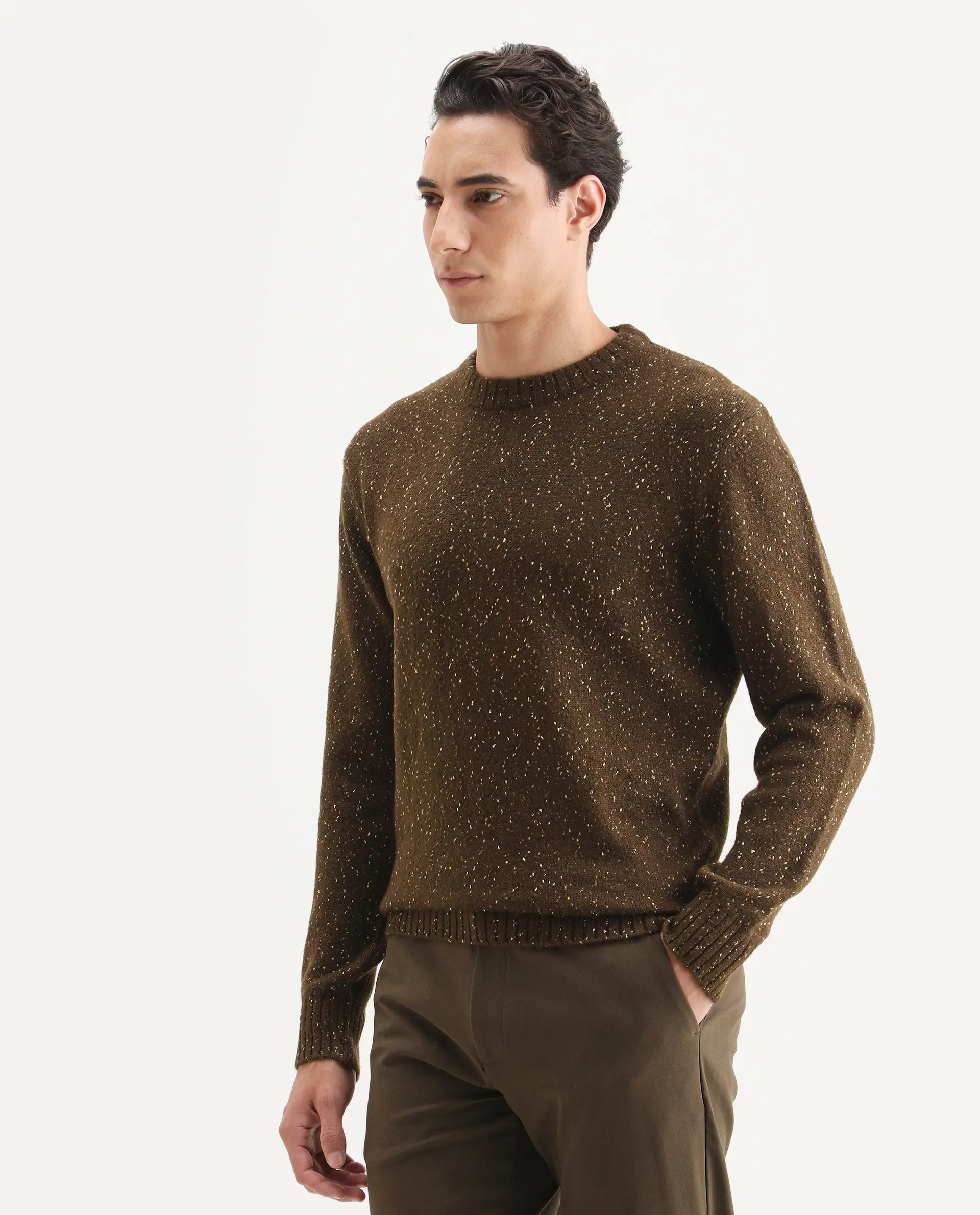 Rare Rabbit Men's Lomot Brown Cotton Fabric Crew Neck Regular Fit Speckled Print Sweater - Image 4