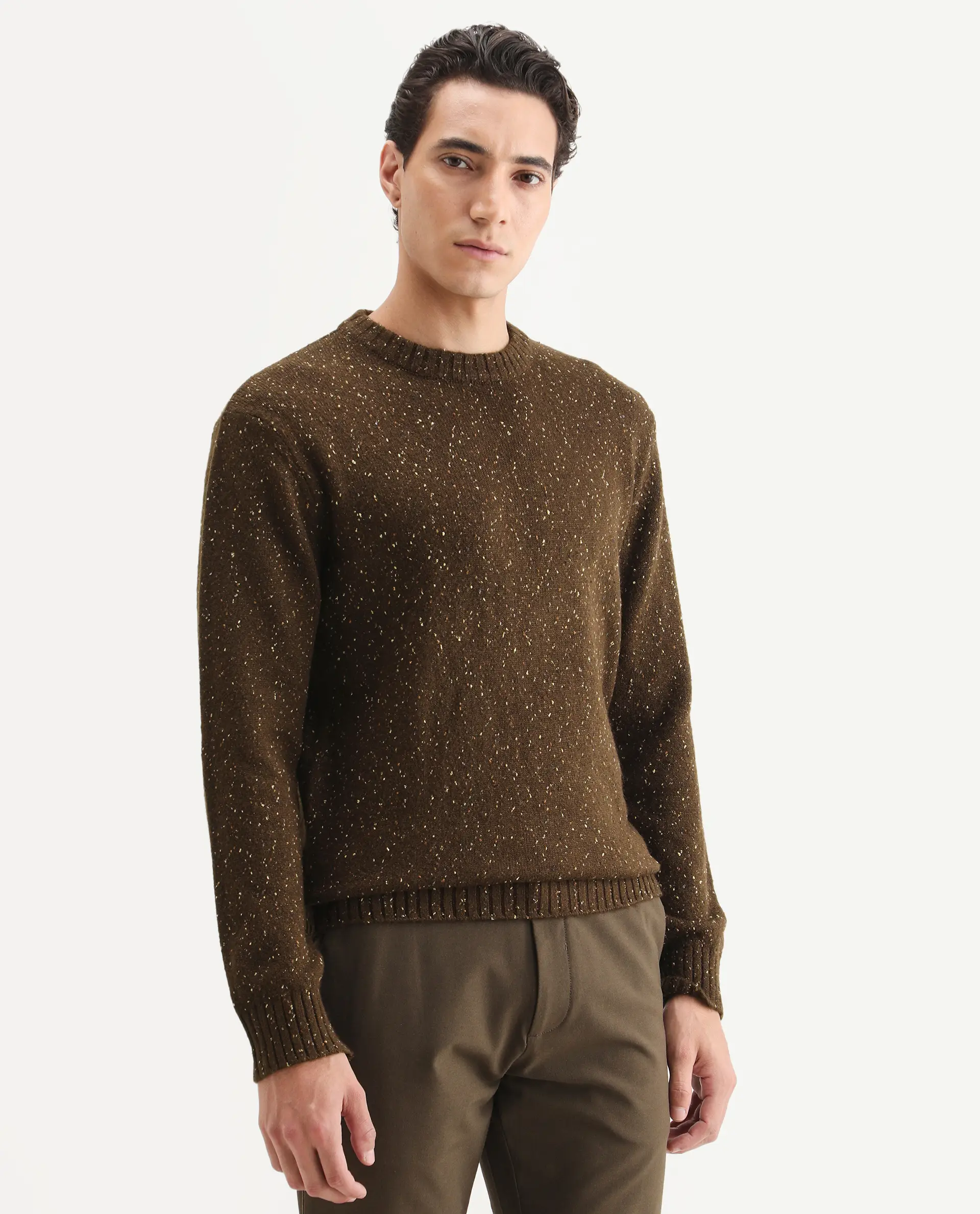 Rare Rabbit Men's Lomot Brown Cotton Fabric Crew Neck Regular Fit Speckled Print Sweater - Image 5