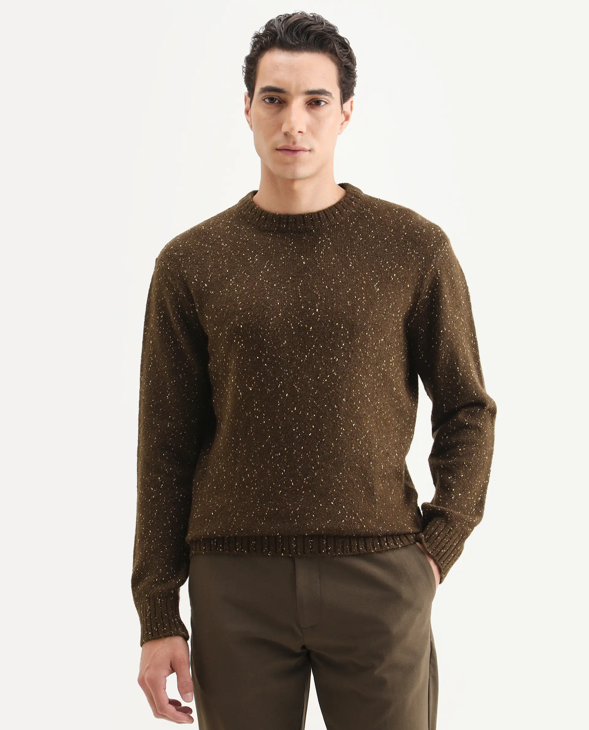 Rare Rabbit Men's Lomot Brown Cotton Fabric Crew Neck Regular Fit Speckled Print Sweater - Image 6
