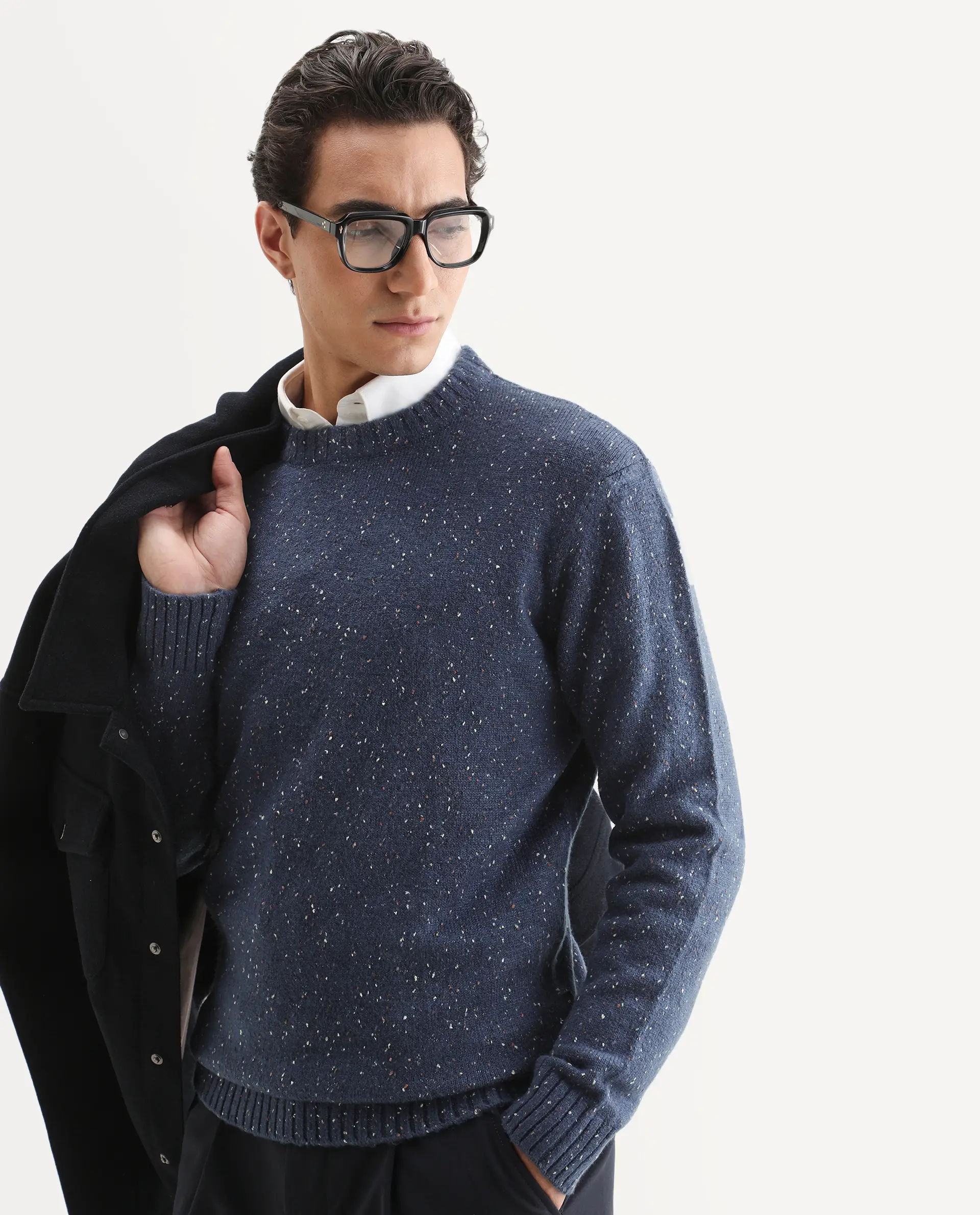 Rare Rabbit Men's Lomot Dark Purple Cotton Fabric Crew Neck Regular Fit Speckled Print Sweater