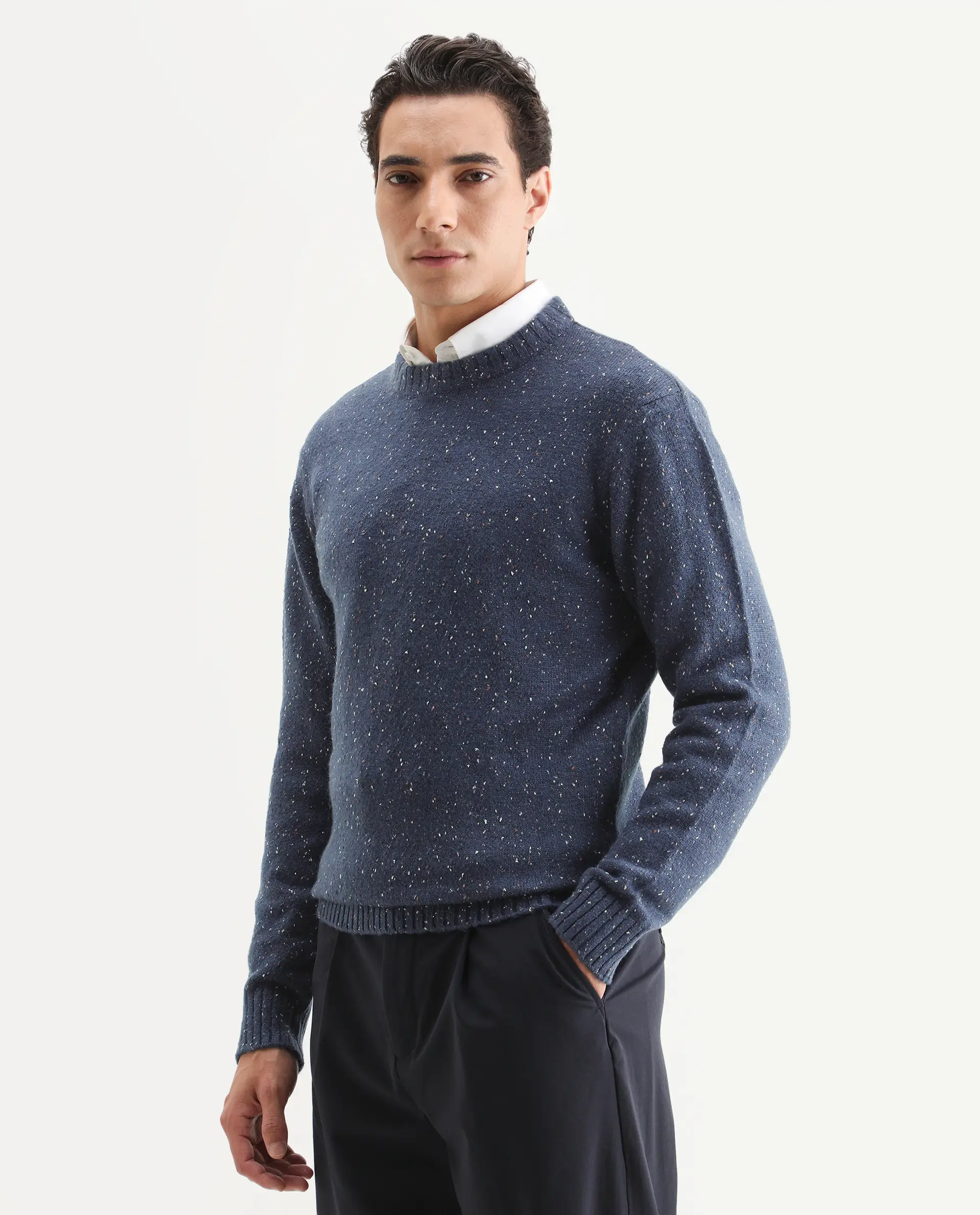 Rare Rabbit Men's Lomot Dark Purple Cotton Fabric Crew Neck Regular Fit Speckled Print Sweater - Image 4