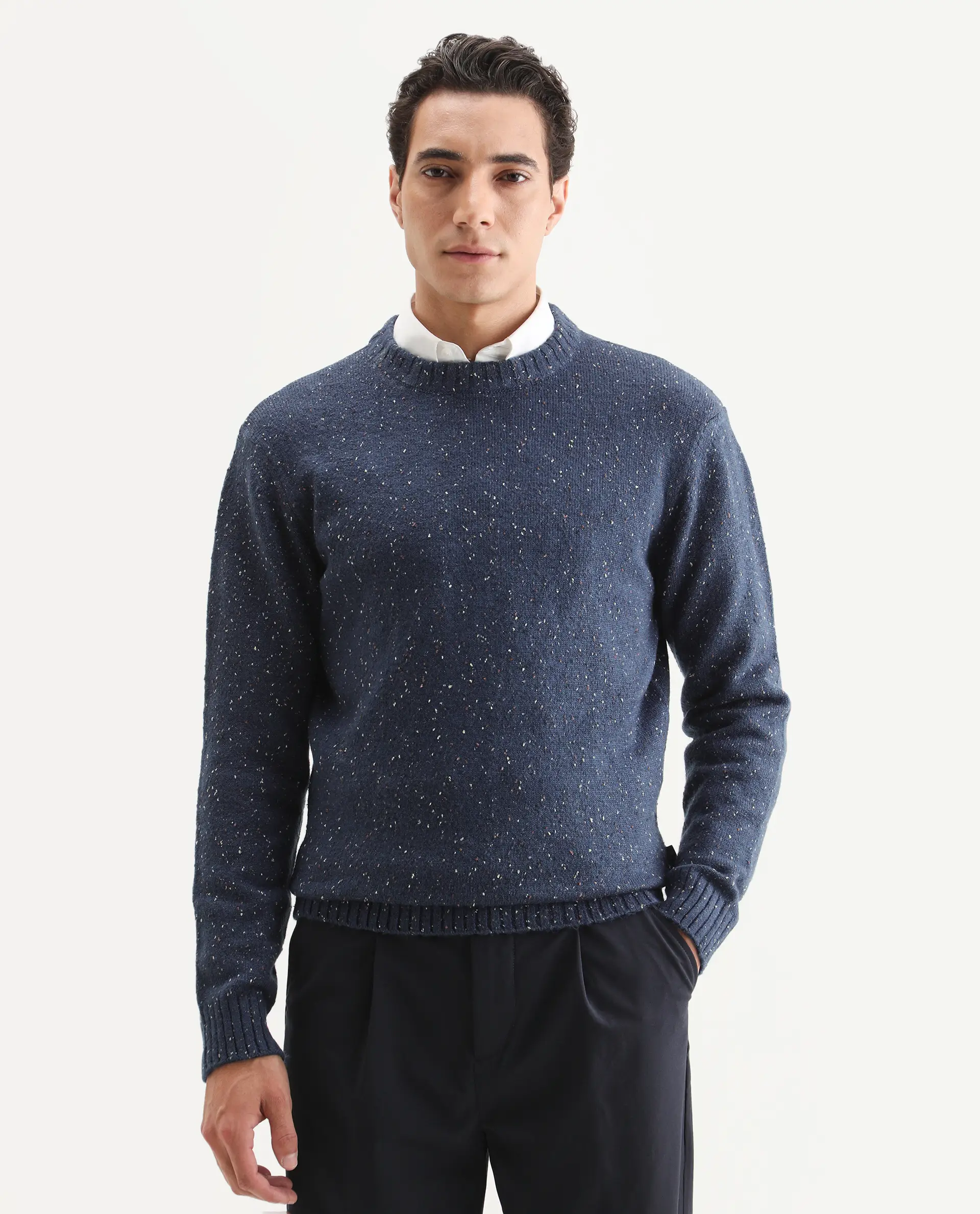 Rare Rabbit Men's Lomot Dark Purple Cotton Fabric Crew Neck Regular Fit Speckled Print Sweater - Image 6