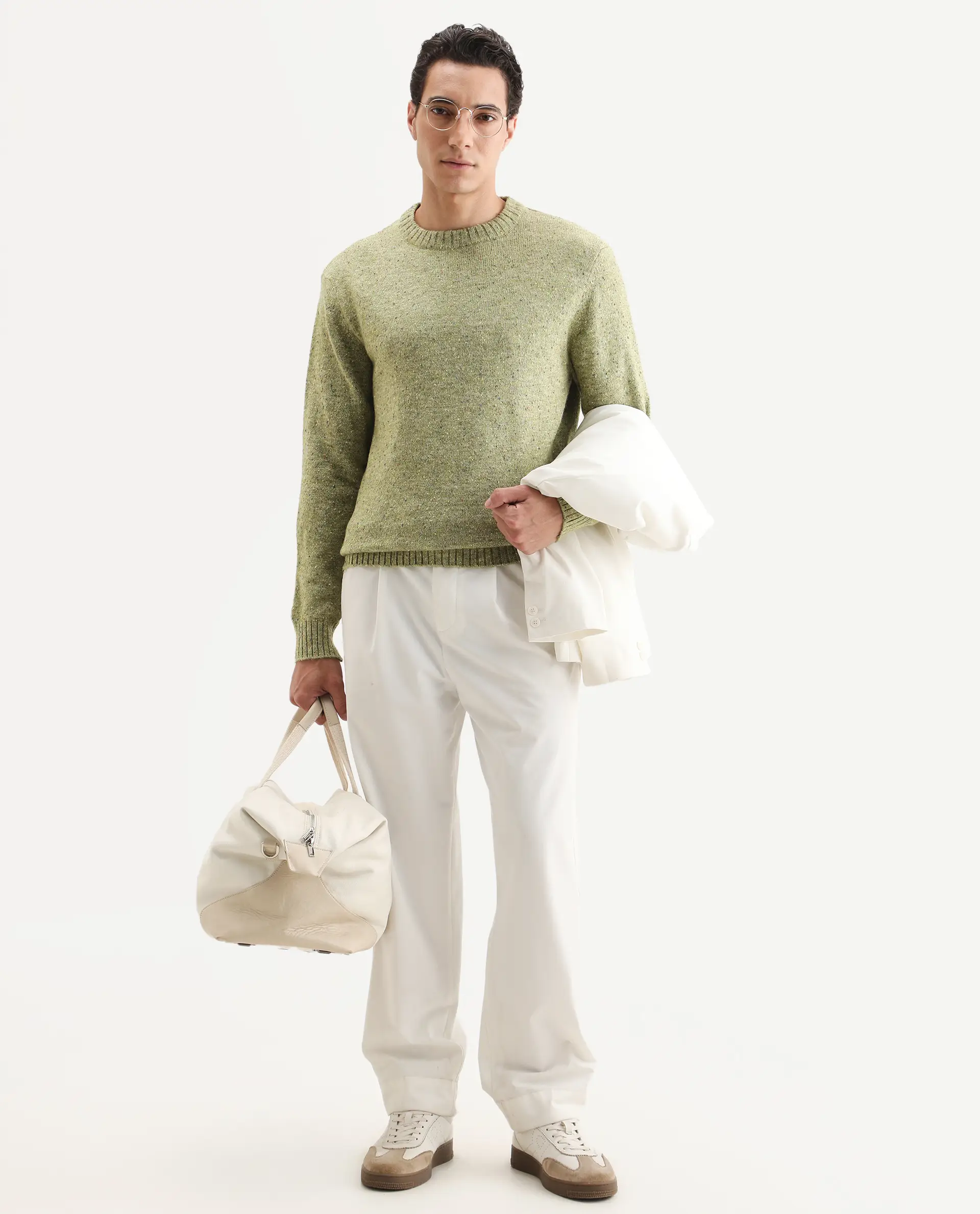 Rare Rabbit Men's Lomot Light Green Cotton Fabric Crew Neck Regular Fit Speckled Print Sweater - Image 2