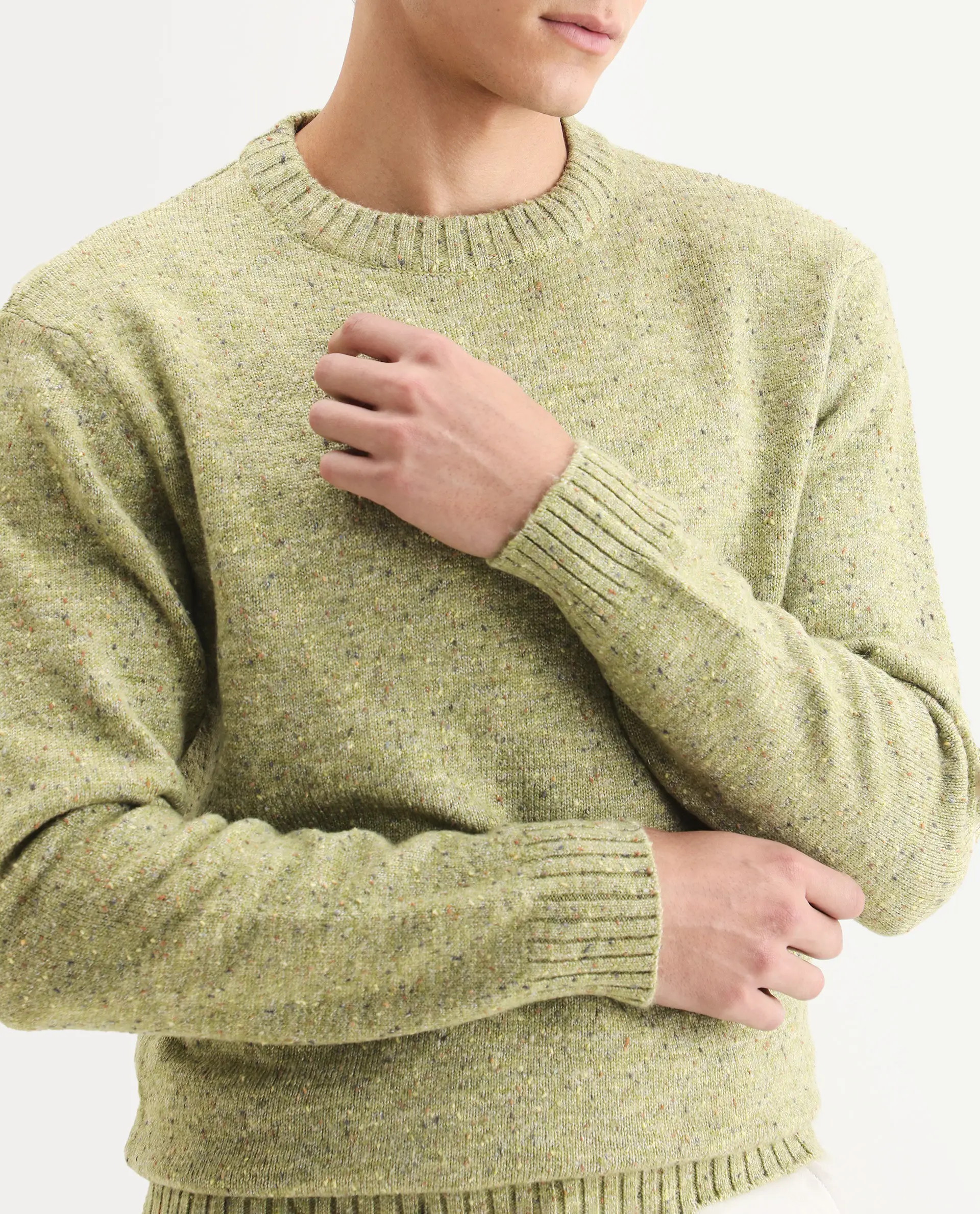 Rare Rabbit Men's Lomot Light Green Cotton Fabric Crew Neck Regular Fit Speckled Print Sweater - Image 3