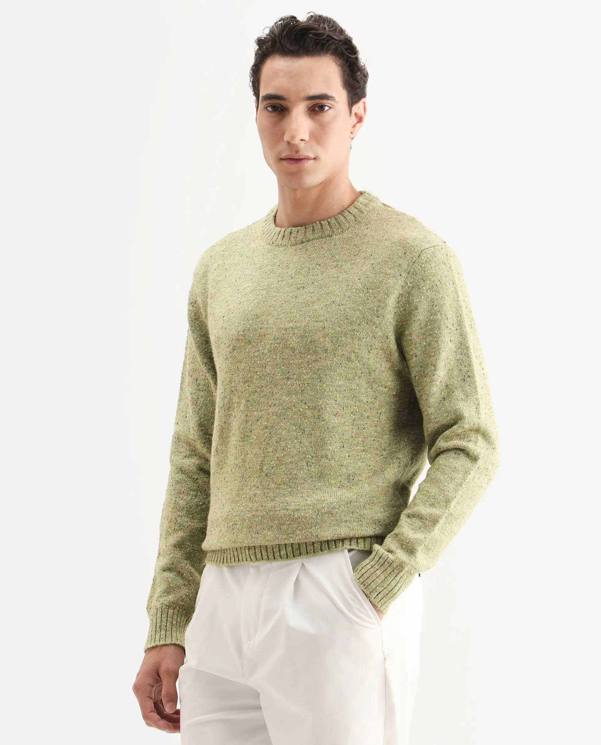 Rare Rabbit Men's Lomot Light Green Cotton Fabric Crew Neck Regular Fit Speckled Print Sweater - Image 4
