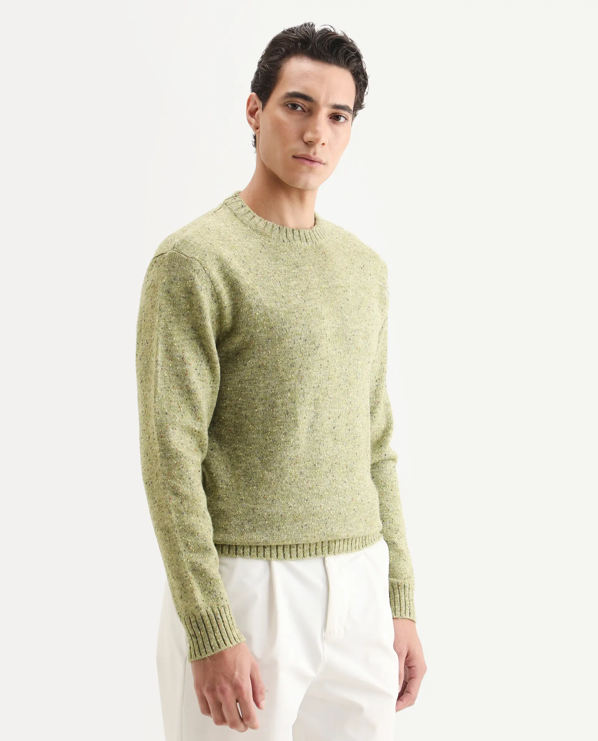 Rare Rabbit Men's Lomot Light Green Cotton Fabric Crew Neck Regular Fit Speckled Print Sweater - Image 5