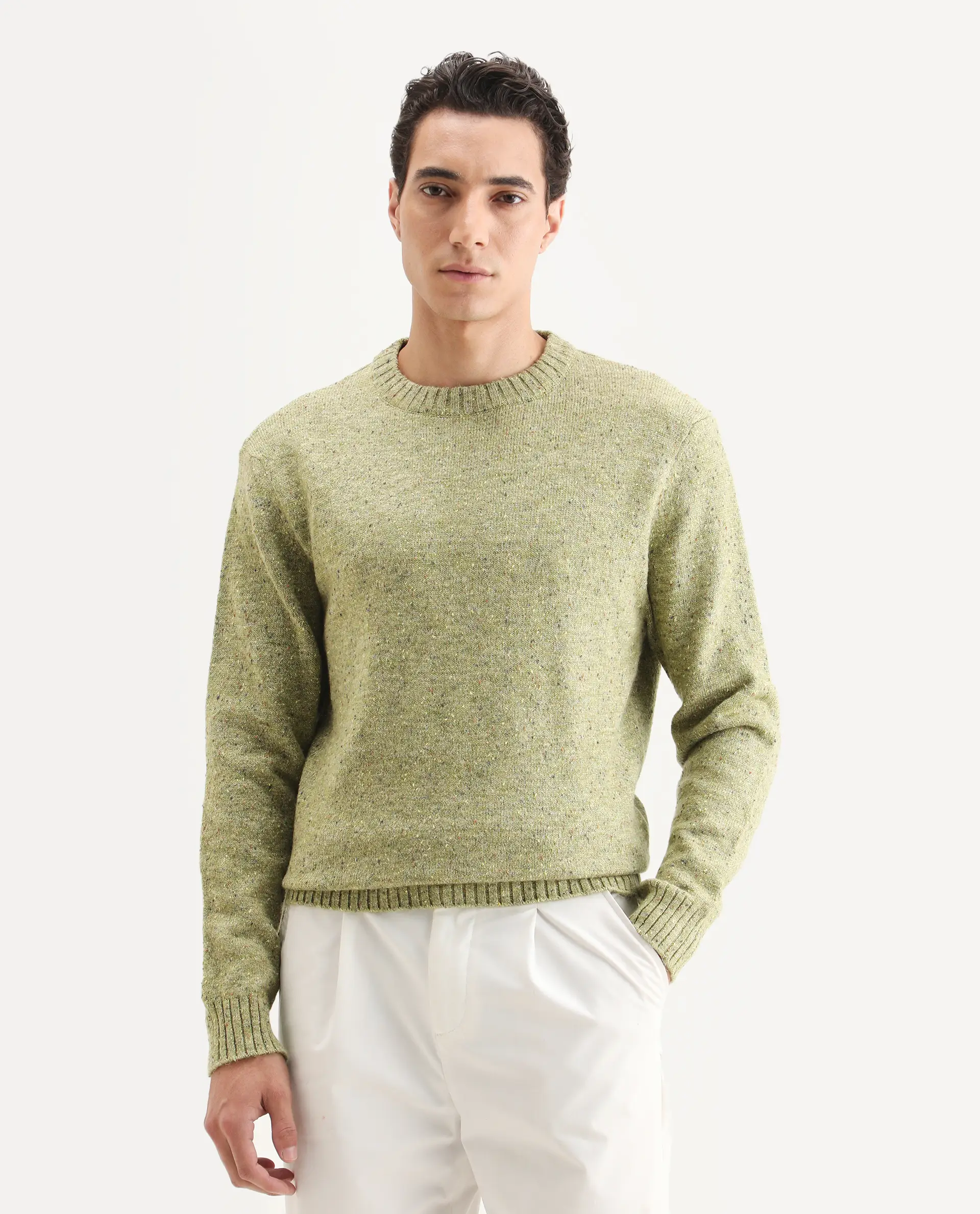 Rare Rabbit Men's Lomot Light Green Cotton Fabric Crew Neck Regular Fit Speckled Print Sweater - Image 6