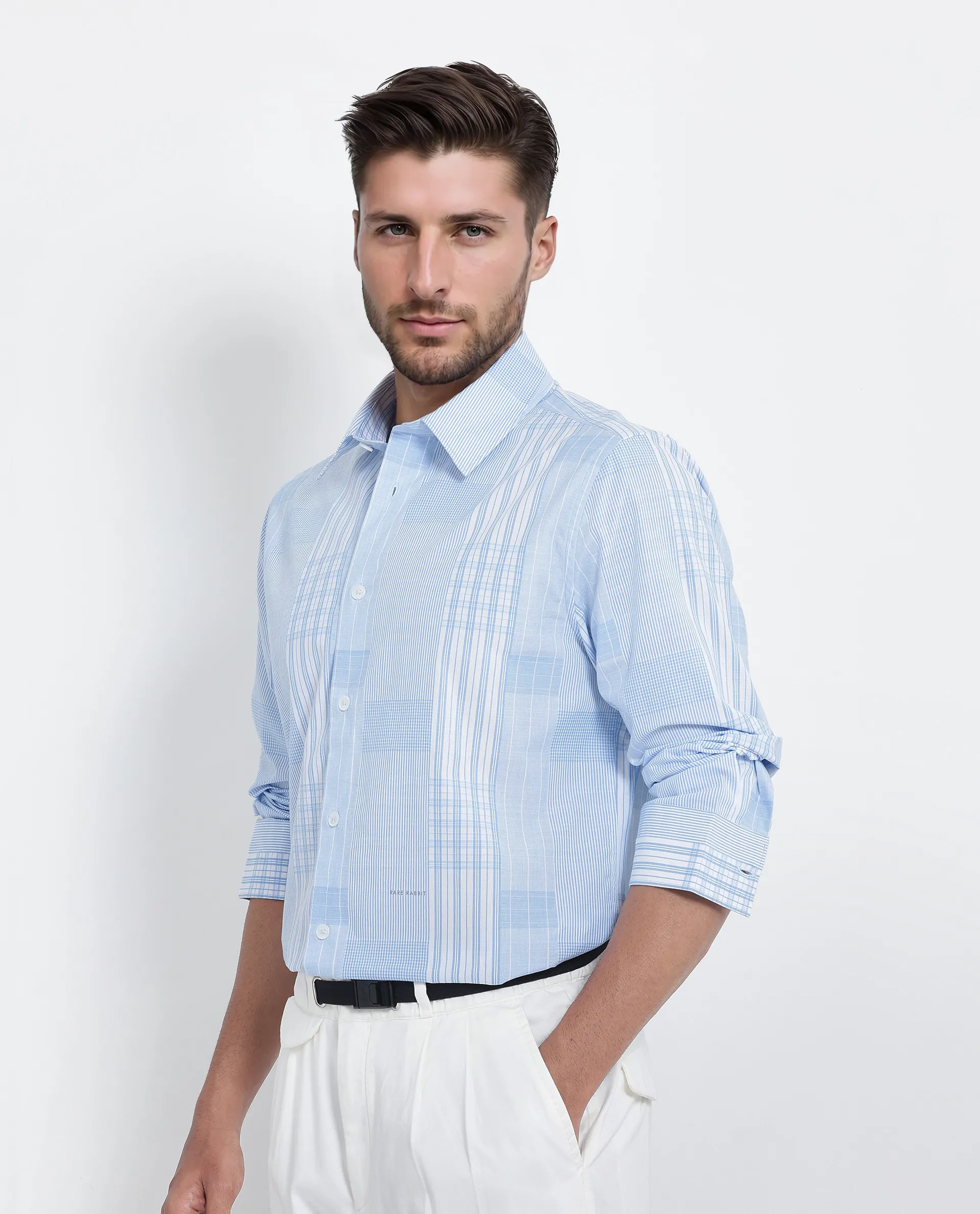 Rare Rabbit Men's Lon Light Blue Cotton Checked Print Regular Fit Full Sleeve Collared Shirt - Image 2