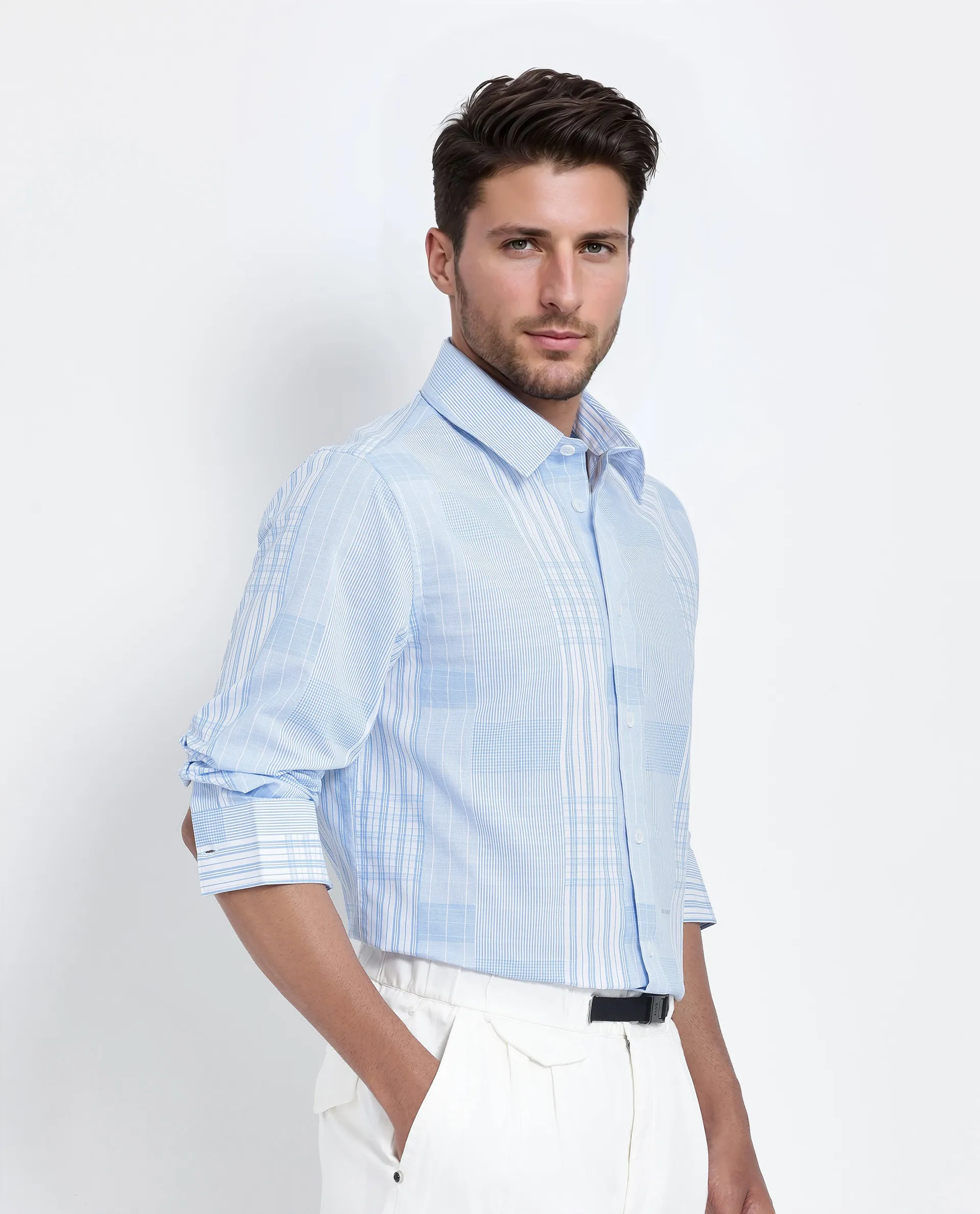Rare Rabbit Men's Lon Light Blue Cotton Checked Print Regular Fit Full Sleeve Collared Shirt - Image 3