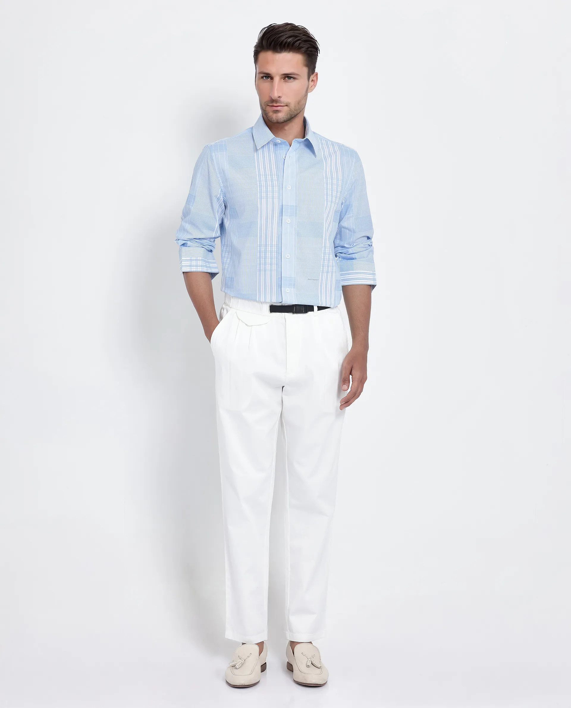 Rare Rabbit Men's Lon Light Blue Cotton Checked Print Regular Fit Full Sleeve Collared Shirt - Image 4