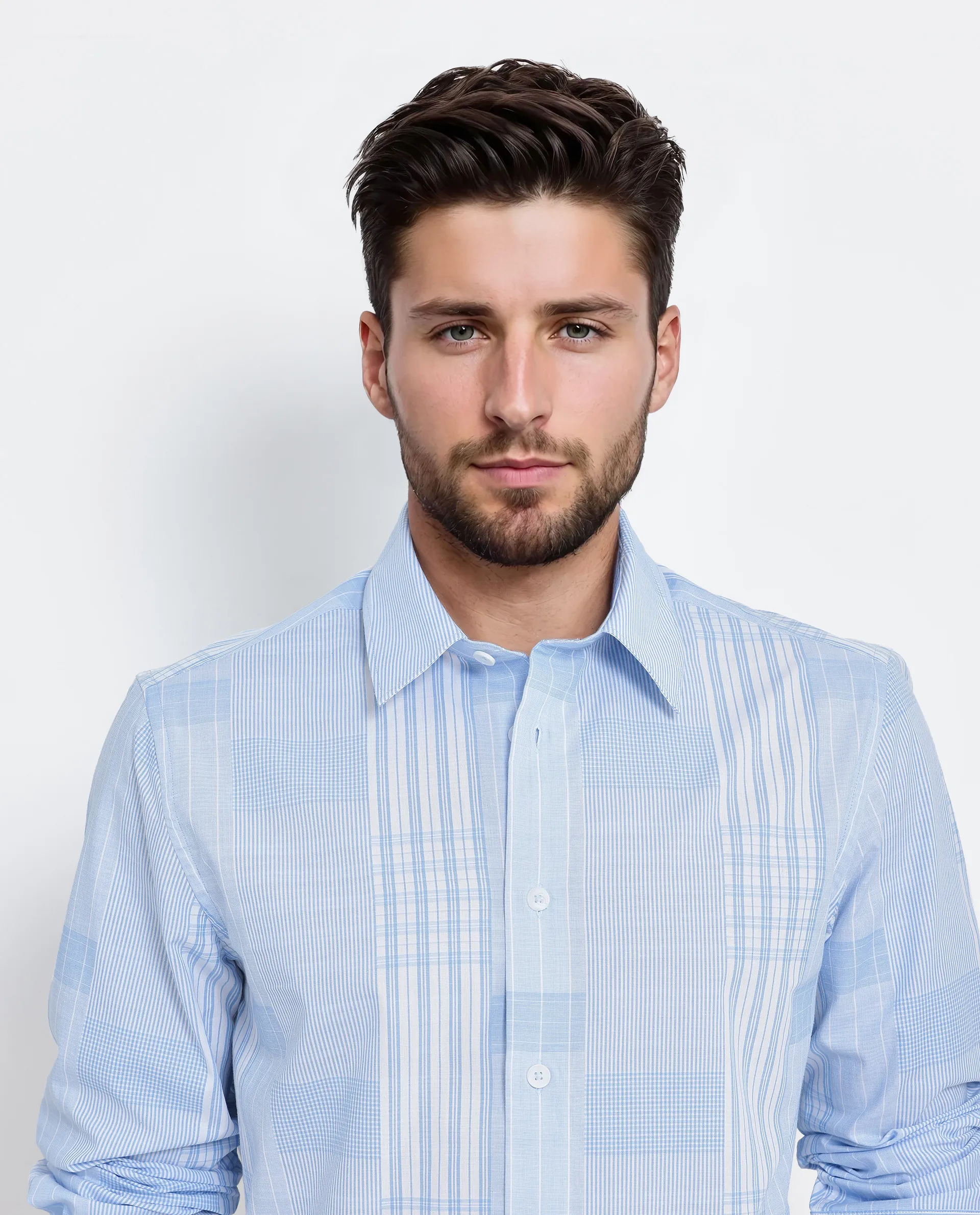 Rare Rabbit Men's Lon Light Blue Cotton Checked Print Regular Fit Full Sleeve Collared Shirt - Image 5
