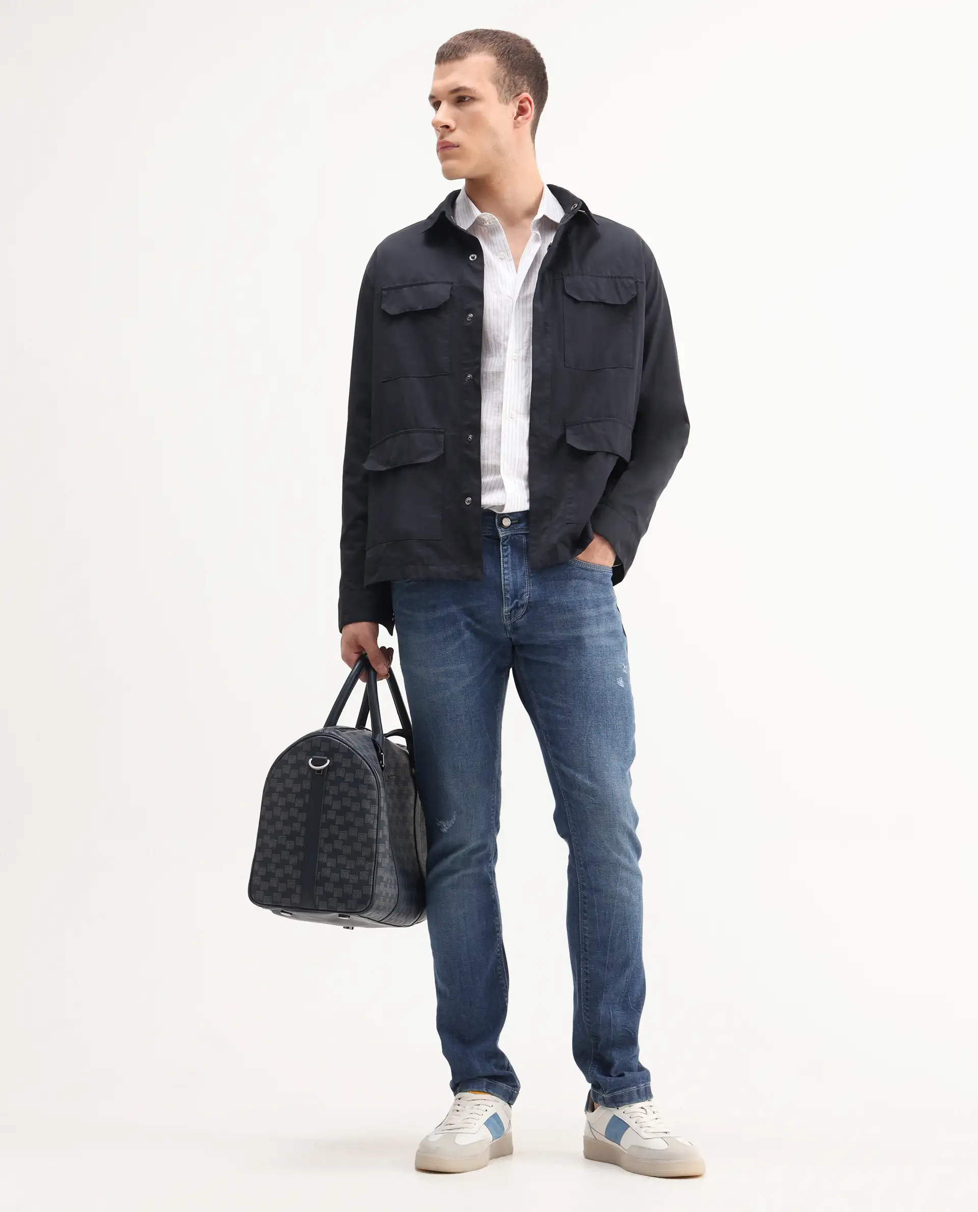 Rare Rabbit Men's Lonar Blue Cotton Blend Plain Hawk Slim Fit Jeans