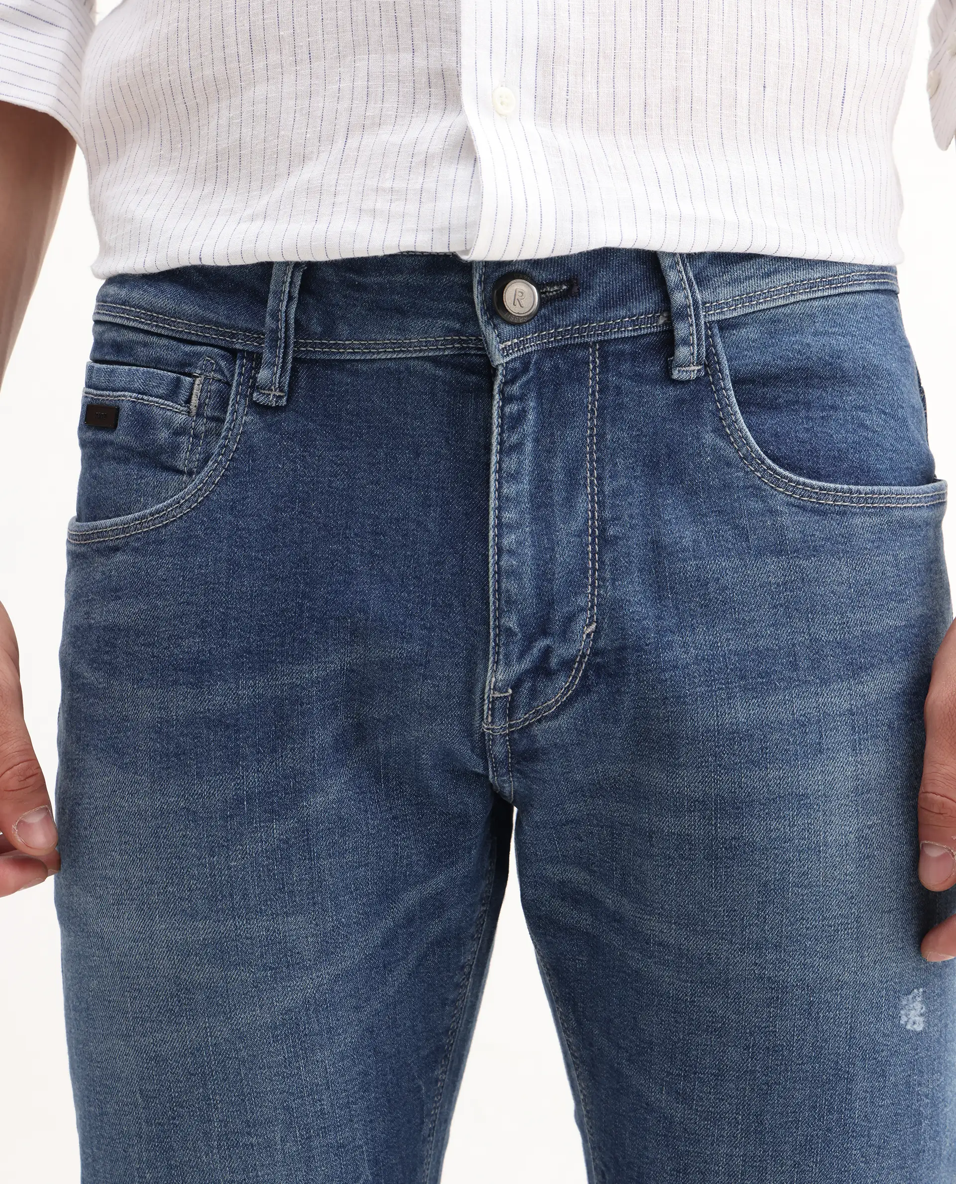 Rare Rabbit Men's Lonar Blue Cotton Blend Plain Hawk Slim Fit Jeans - Image 4