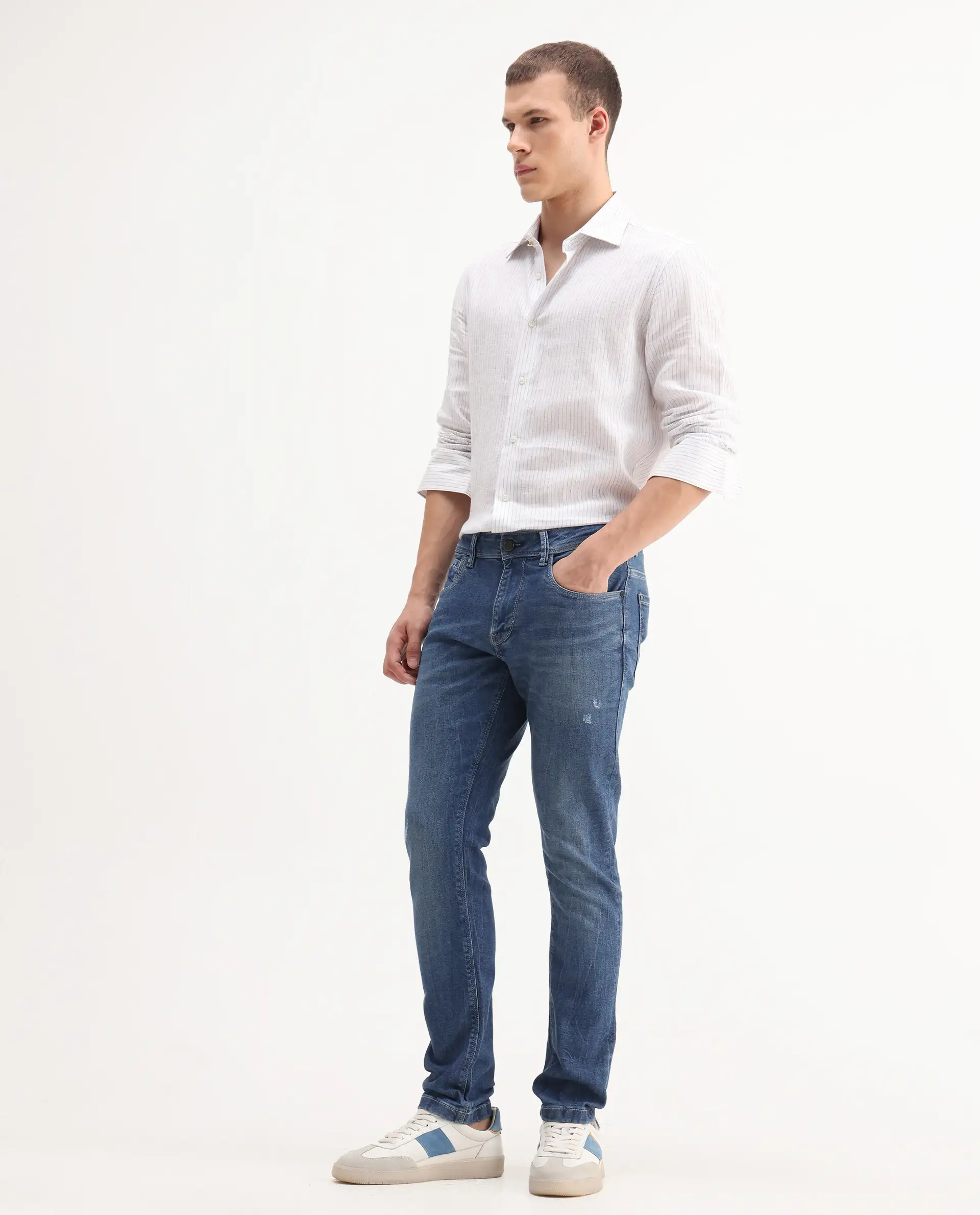 Rare Rabbit Men's Lonar Blue Cotton Blend Plain Hawk Slim Fit Jeans - Image 8