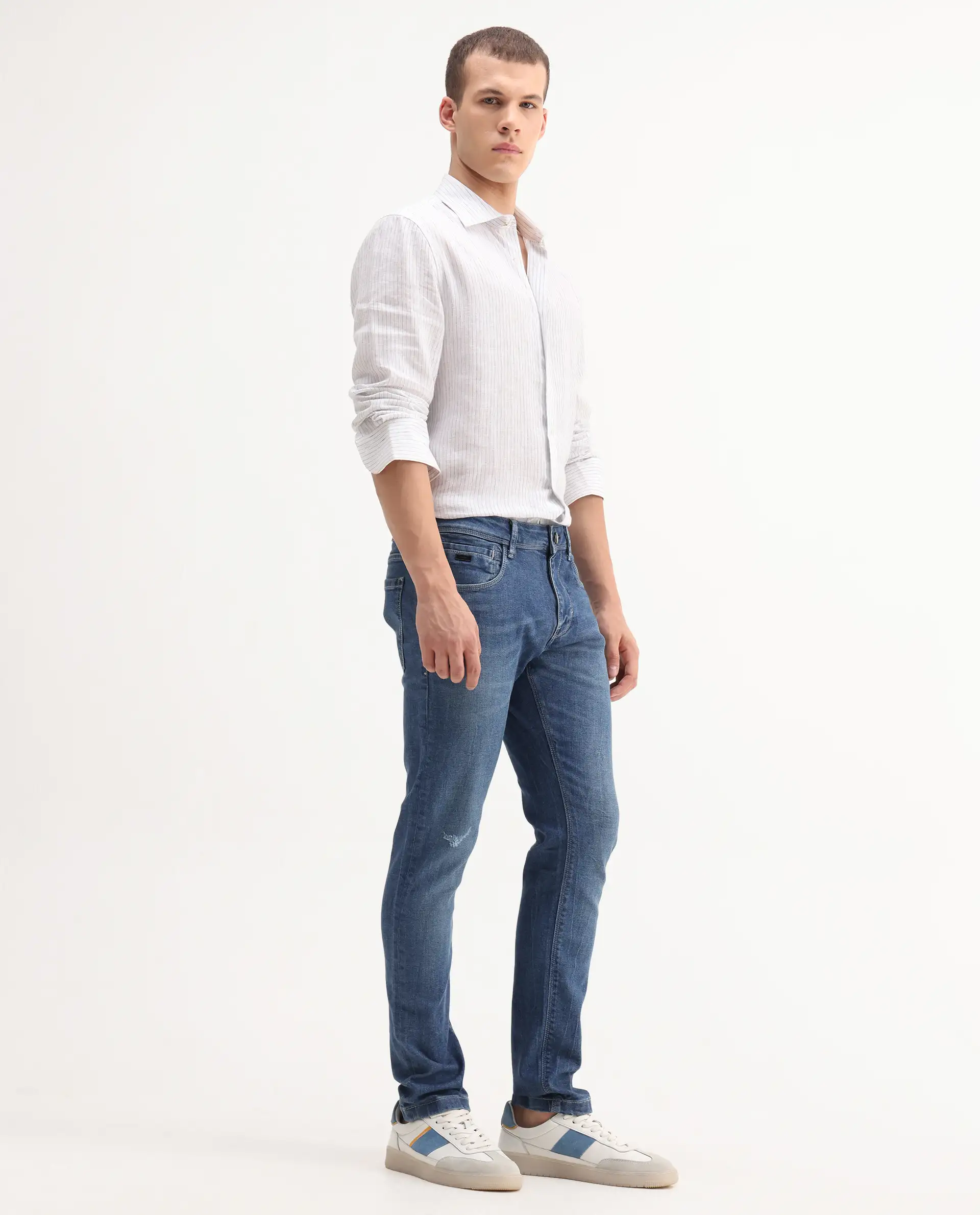 Rare Rabbit Men's Lonar Blue Cotton Blend Plain Hawk Slim Fit Jeans - Image 9