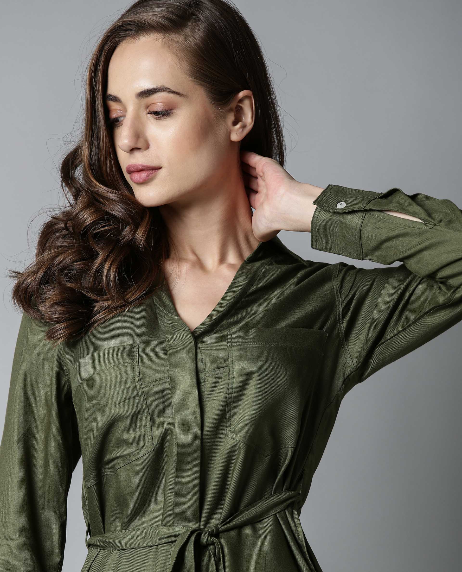 Rareism Women London-Rz Green Dress Full Sleeves Solid - Image 2
