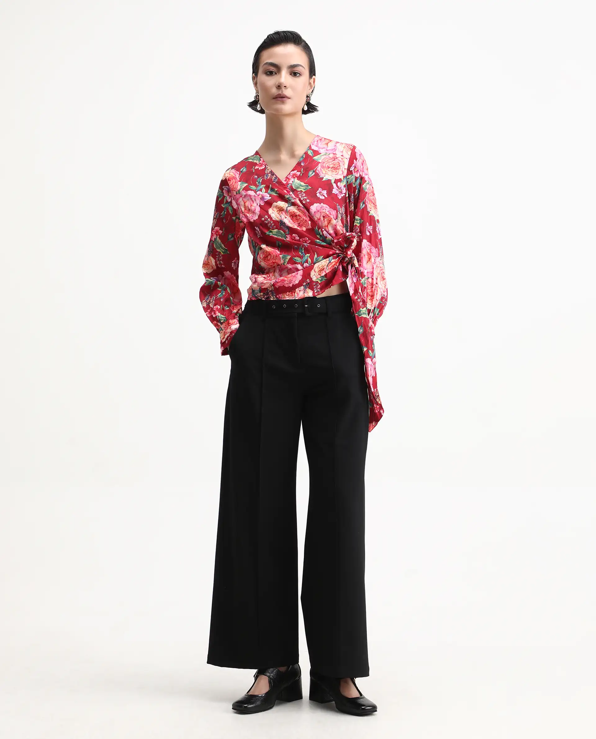Rareism Women's Lonna Red Overlap Neck Floral Print Cuffed Sleeve Regular Fit Top - Image 2