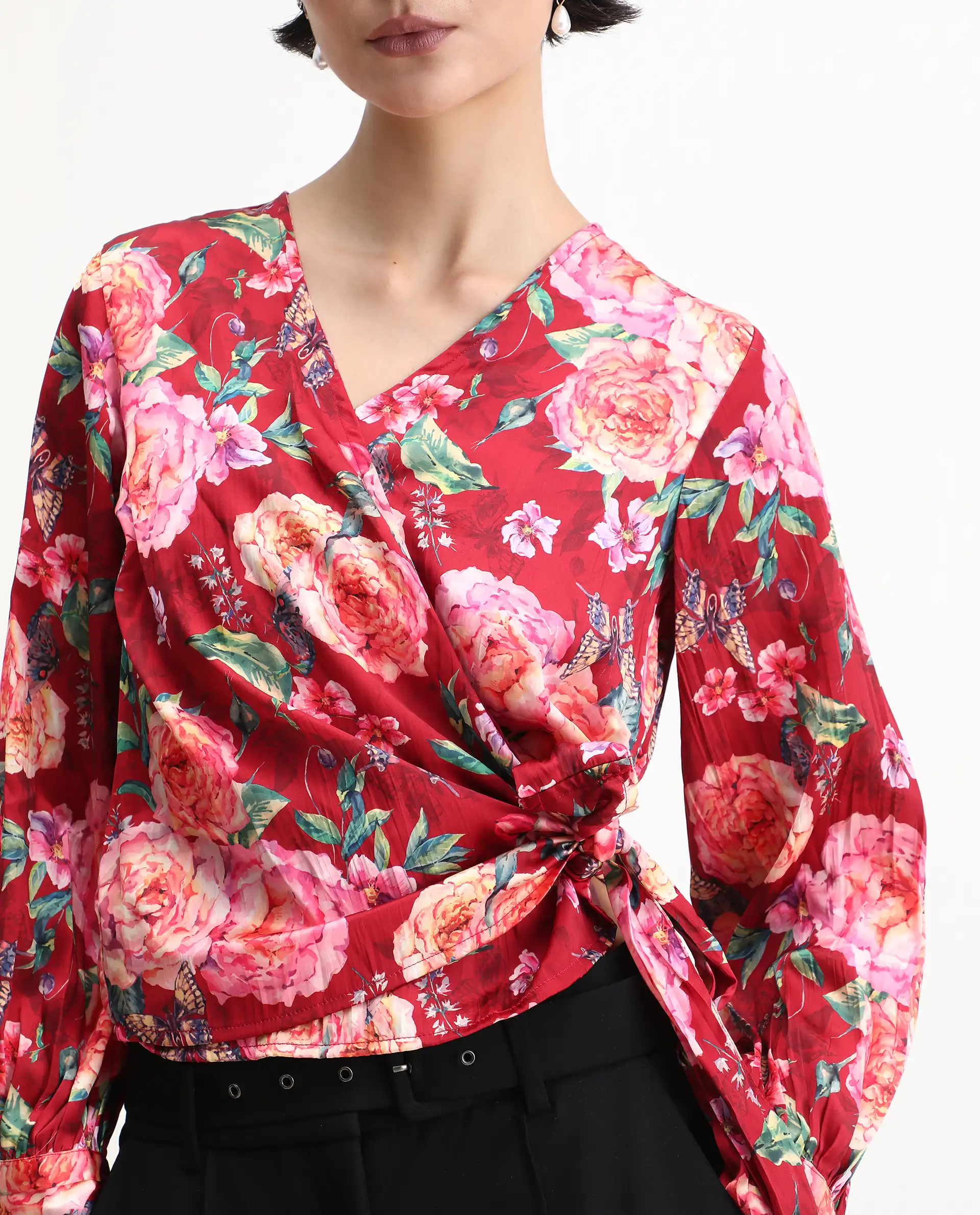Rareism Women's Lonna Red Overlap Neck Floral Print Cuffed Sleeve Regular Fit Top - Image 3