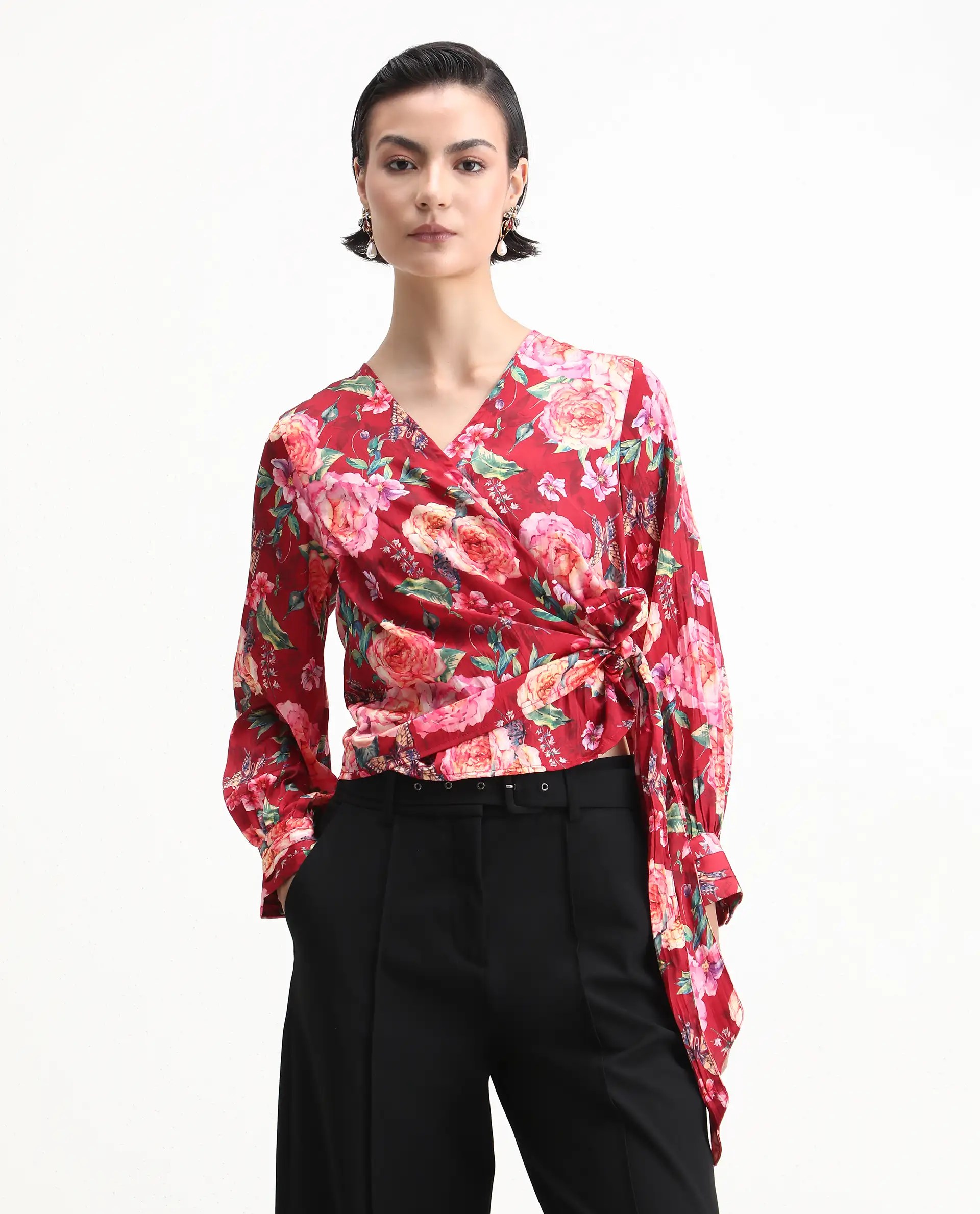 Rareism Women's Lonna Red Overlap Neck Floral Print Cuffed Sleeve Regular Fit Top - Image 4