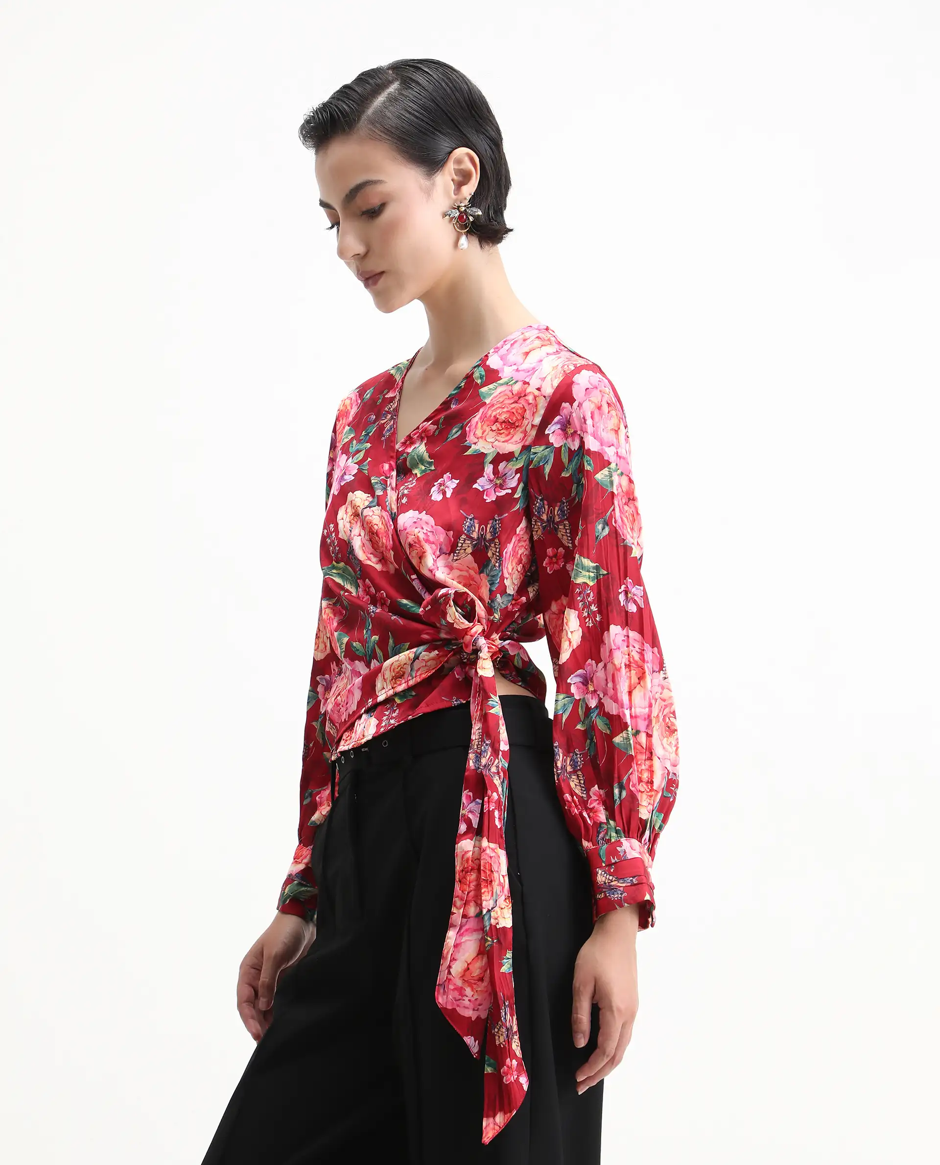Rareism Women's Lonna Red Overlap Neck Floral Print Cuffed Sleeve Regular Fit Top - Image 5