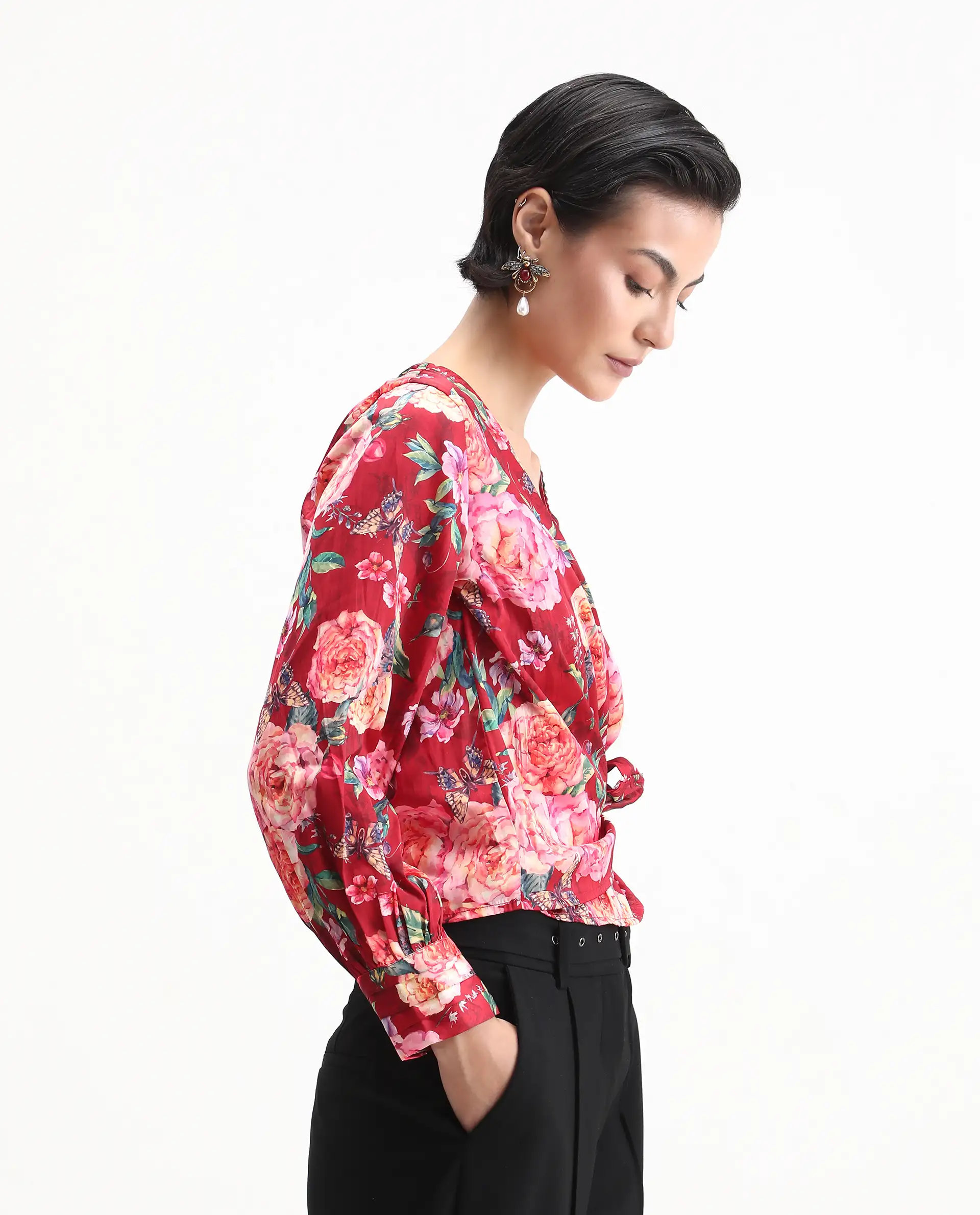 Rareism Women's Lonna Red Overlap Neck Floral Print Cuffed Sleeve Regular Fit Top - Image 6