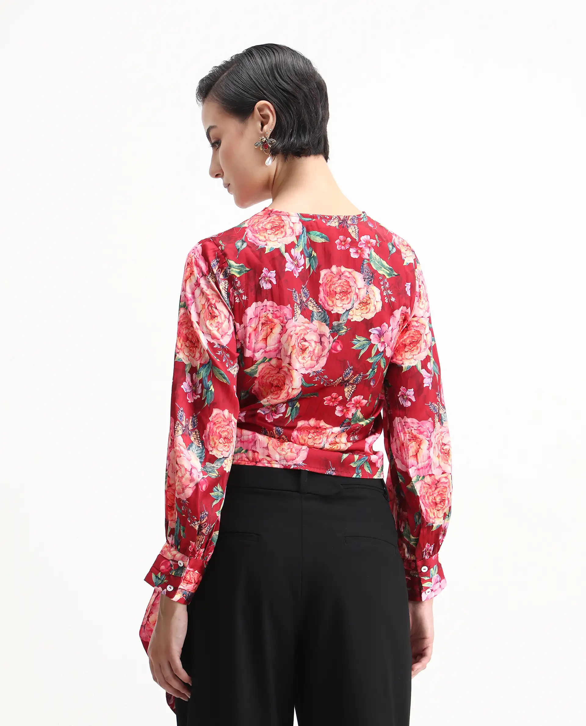 Rareism Women's Lonna Red Overlap Neck Floral Print Cuffed Sleeve Regular Fit Top - Image 7