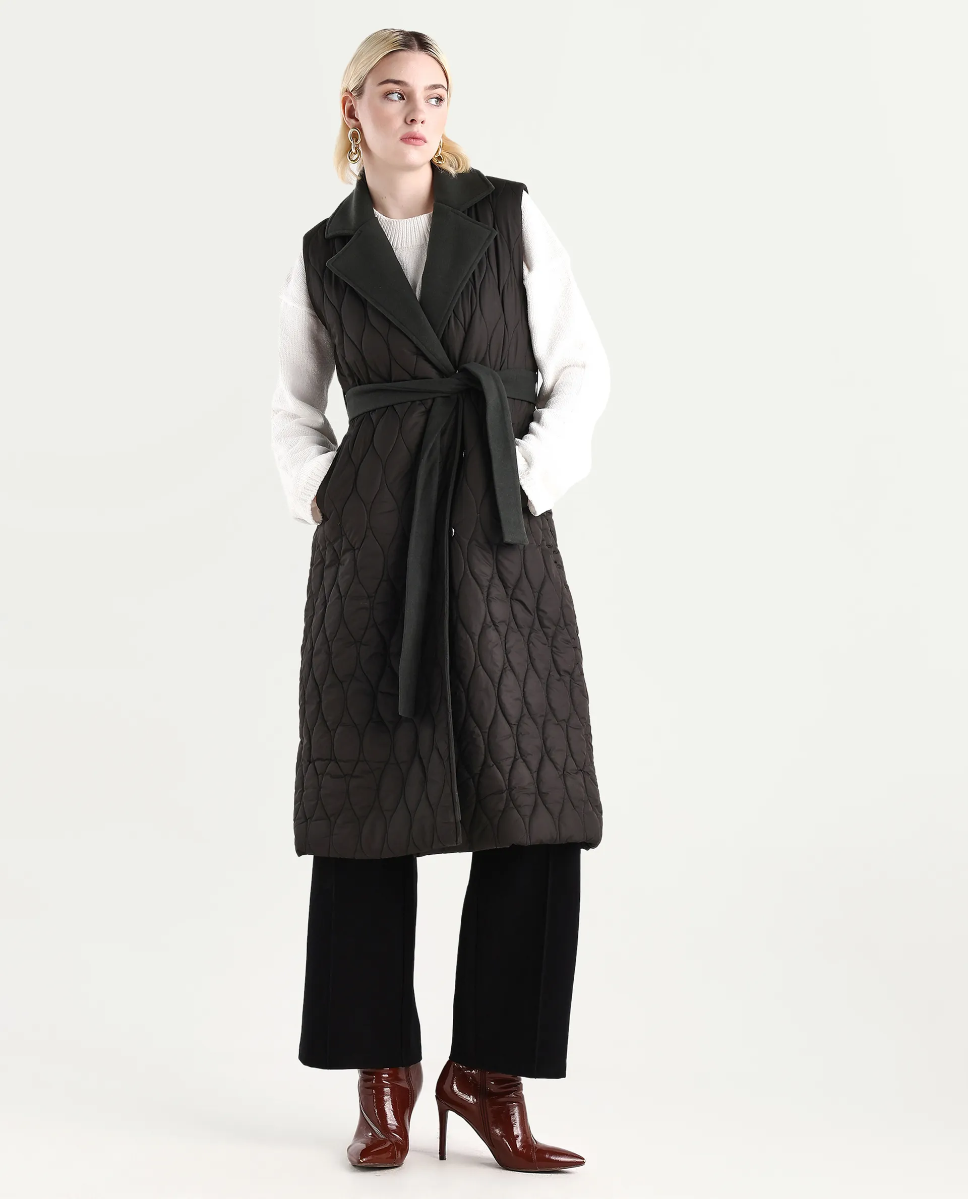 Rareism Women's Lonpuf Olive Polyester Lapel Collar Plain Jacket - Image 3