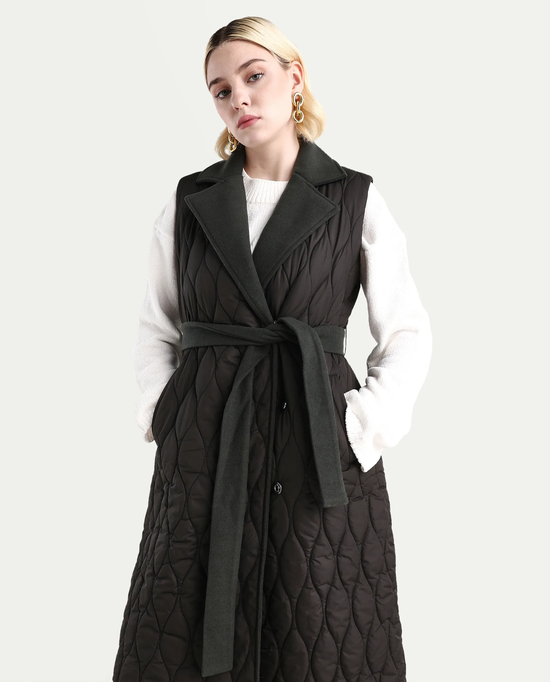 Rareism Women's Lonpuf Olive Polyester Lapel Collar Plain Jacket - Image 4