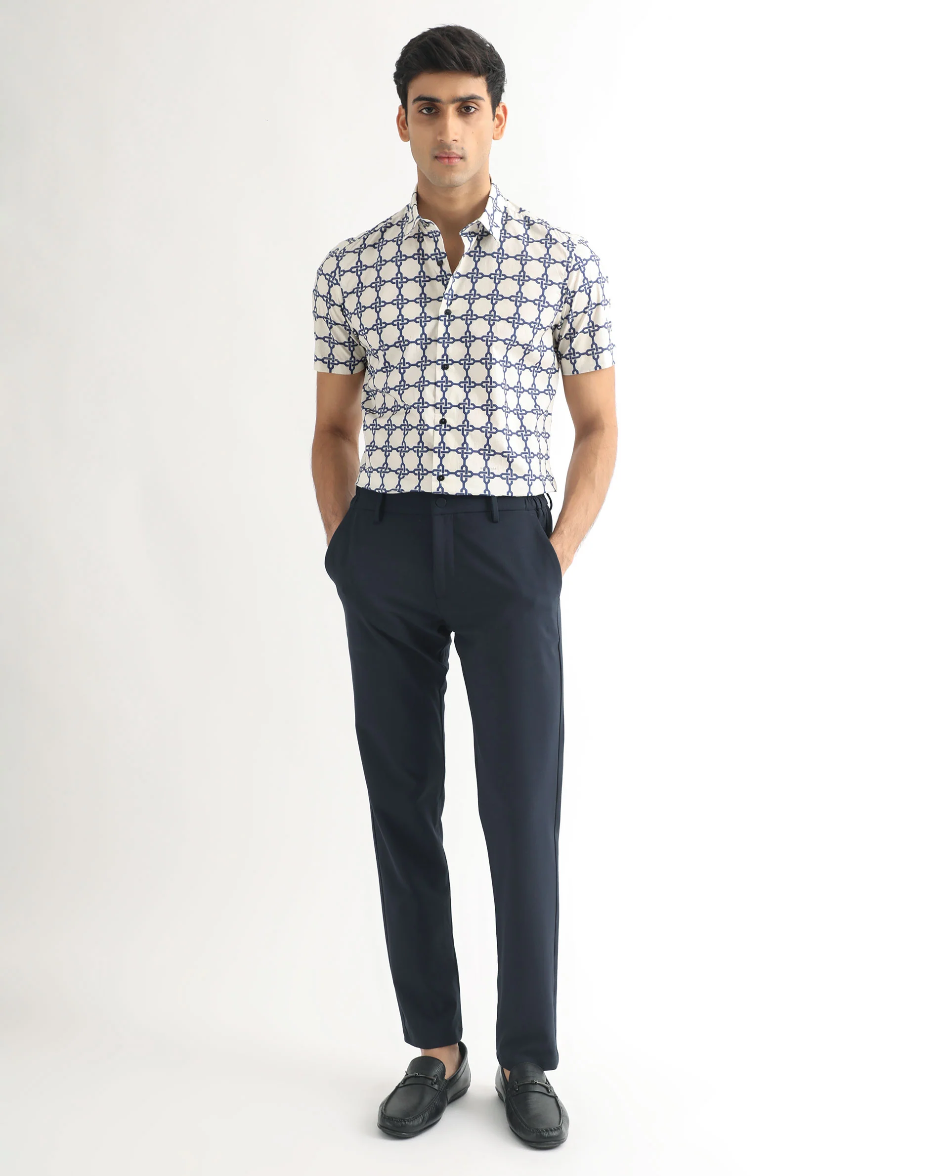 Rare Rabbit Men's Lonzo Off White Geometric Print Regular Fit Half Sleeve Collared Shirt - Image 2