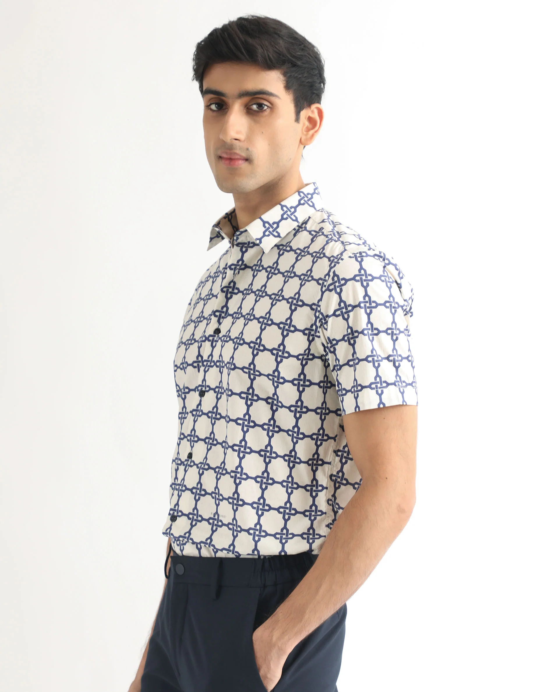 Rare Rabbit Men's Lonzo Off White Geometric Print Regular Fit Half Sleeve Collared Shirt - Image 3