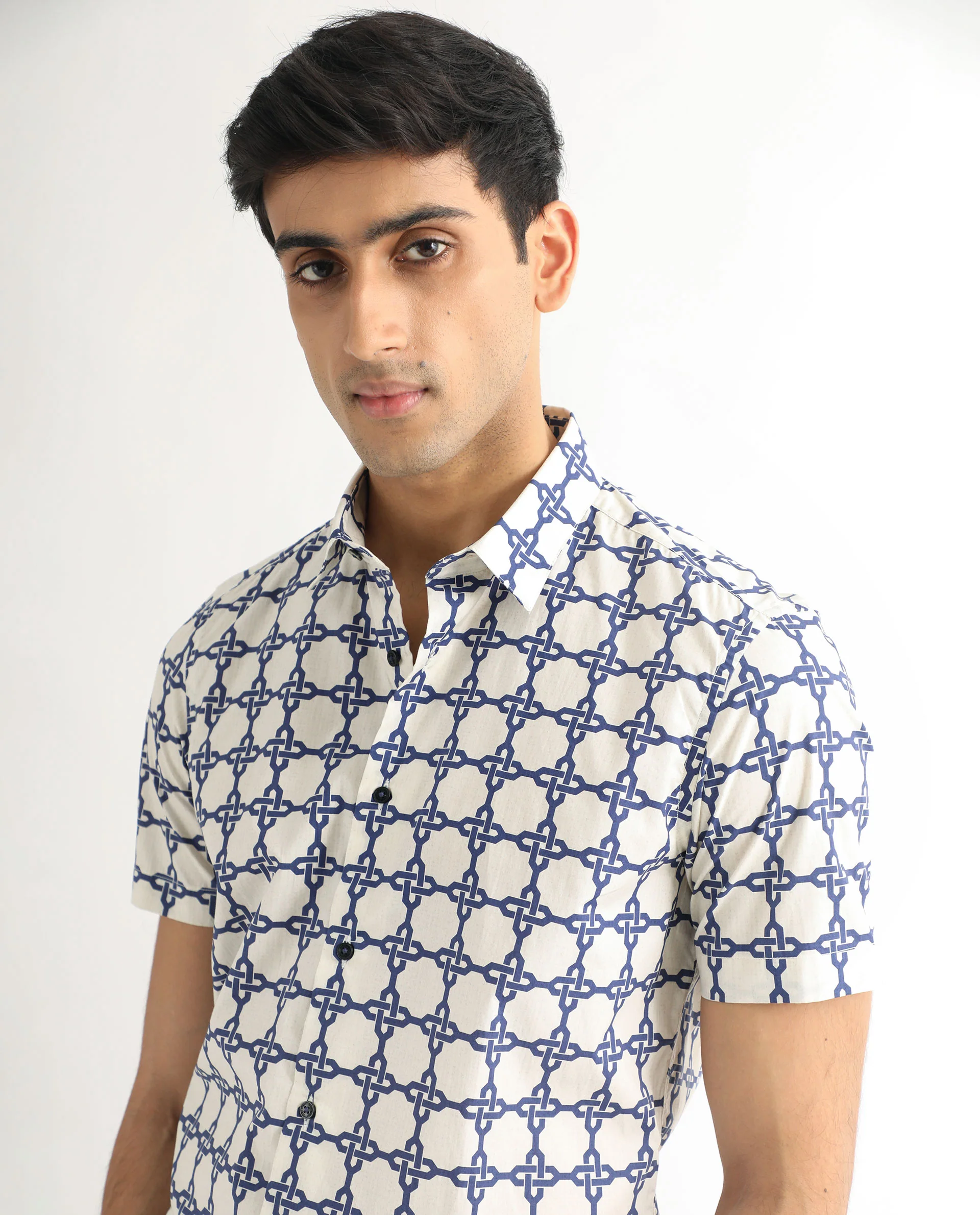 Rare Rabbit Men's Lonzo Off White Geometric Print Regular Fit Half Sleeve Collared Shirt - Image 4