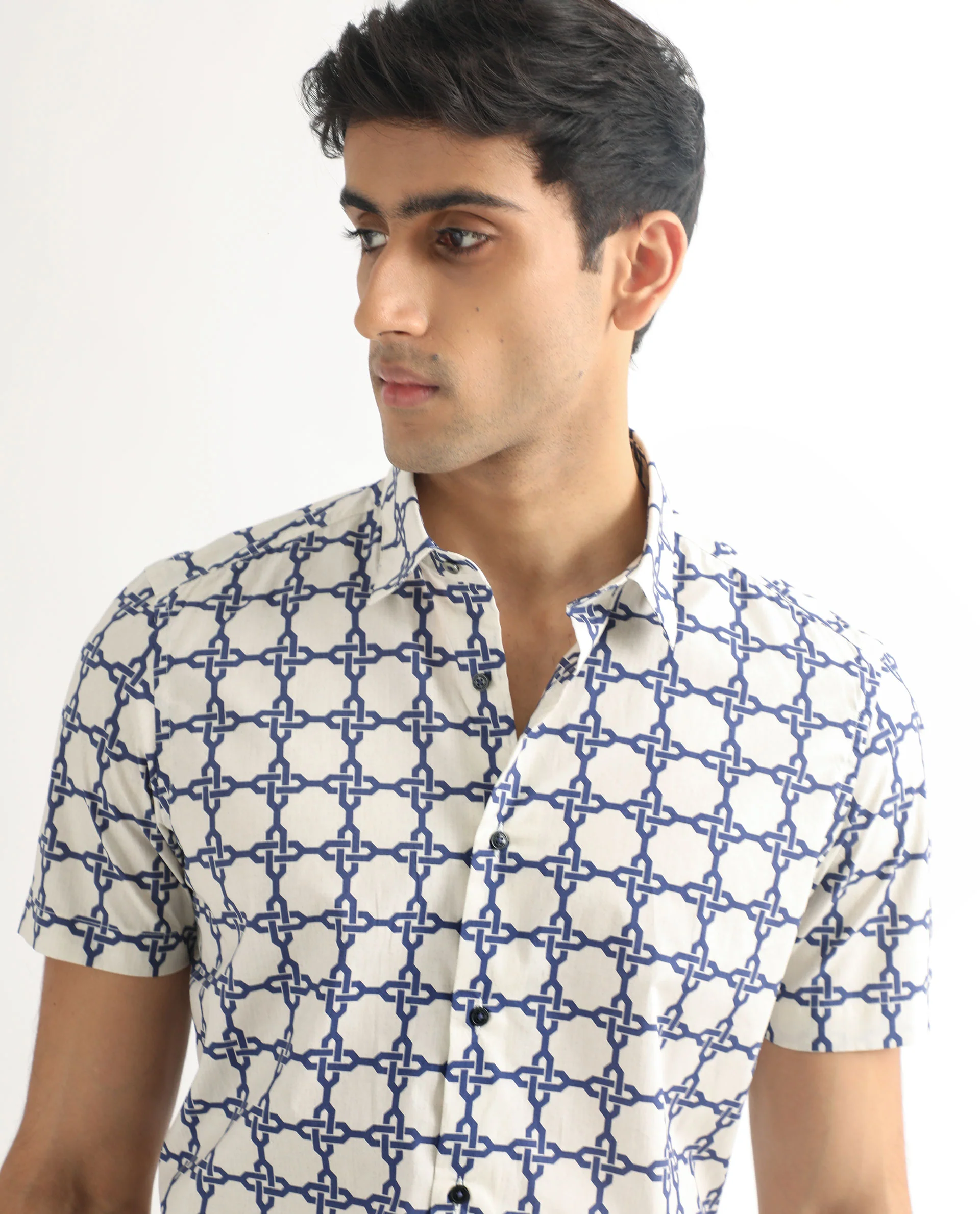 Rare Rabbit Men's Lonzo Off White Geometric Print Regular Fit Half Sleeve Collared Shirt - Image 5