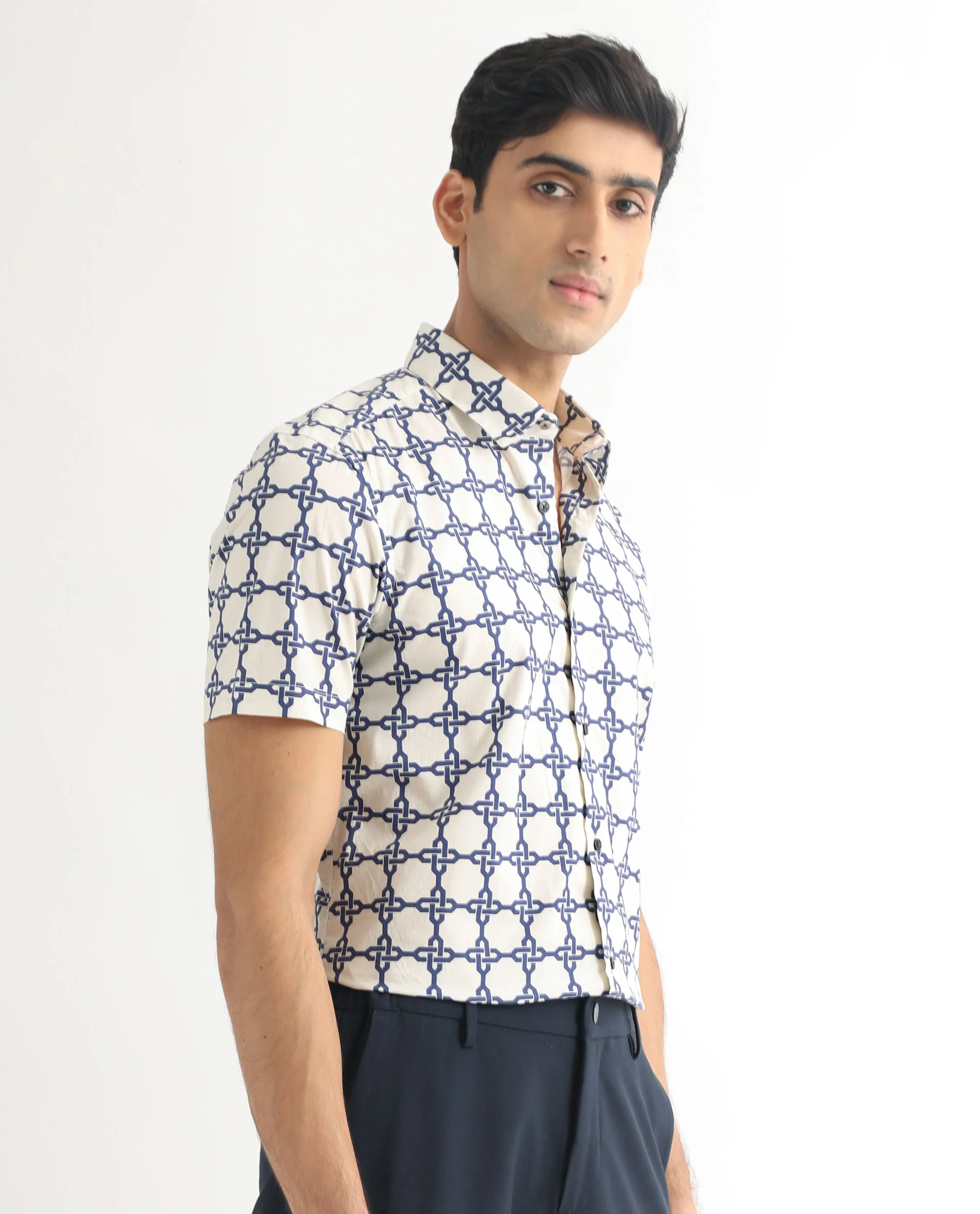 Rare Rabbit Men's Lonzo Off White Geometric Print Regular Fit Half Sleeve Collared Shirt - Image 7