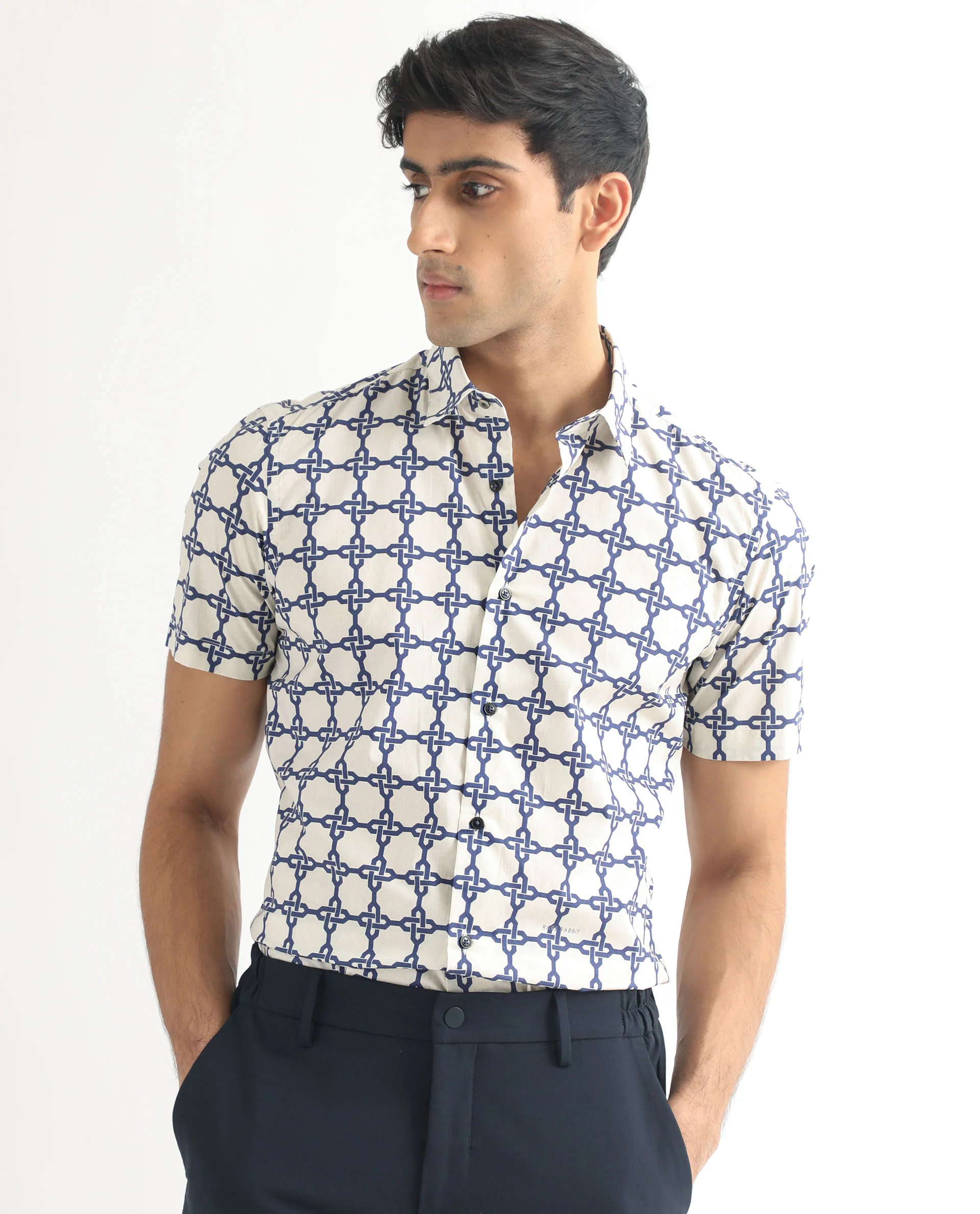 Rare Rabbit Men's Lonzo Off White Geometric Print Regular Fit Half Sleeve Collared Shirt - Image 8
